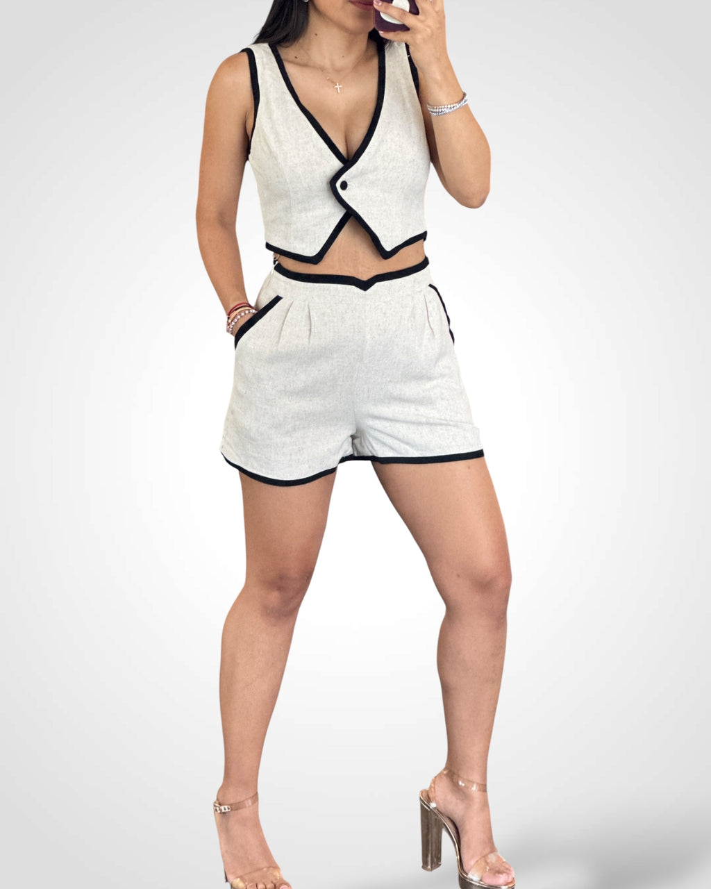 SJQ-Linen Mix Sleeveless Crop Top And Shorts Set
