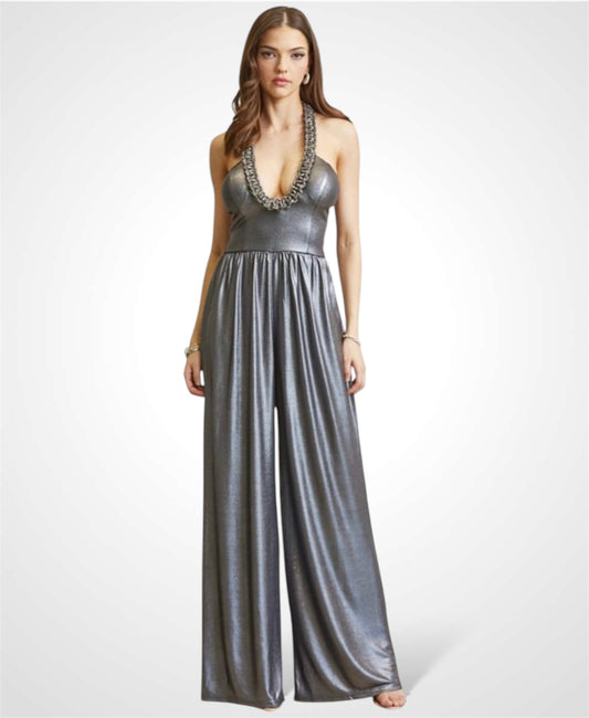 GUNMETAL BRAIDED RHINESTONE METALLIC JUMPSUIT