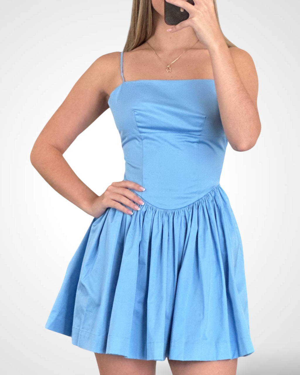 SHINY SOLID COLOR SLEEVELESS OPEN BACK MINI DRESS (BLUE)