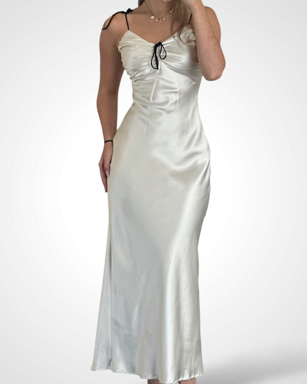 TIED SHOULDER STRAPS SATIN MAXI DRESS