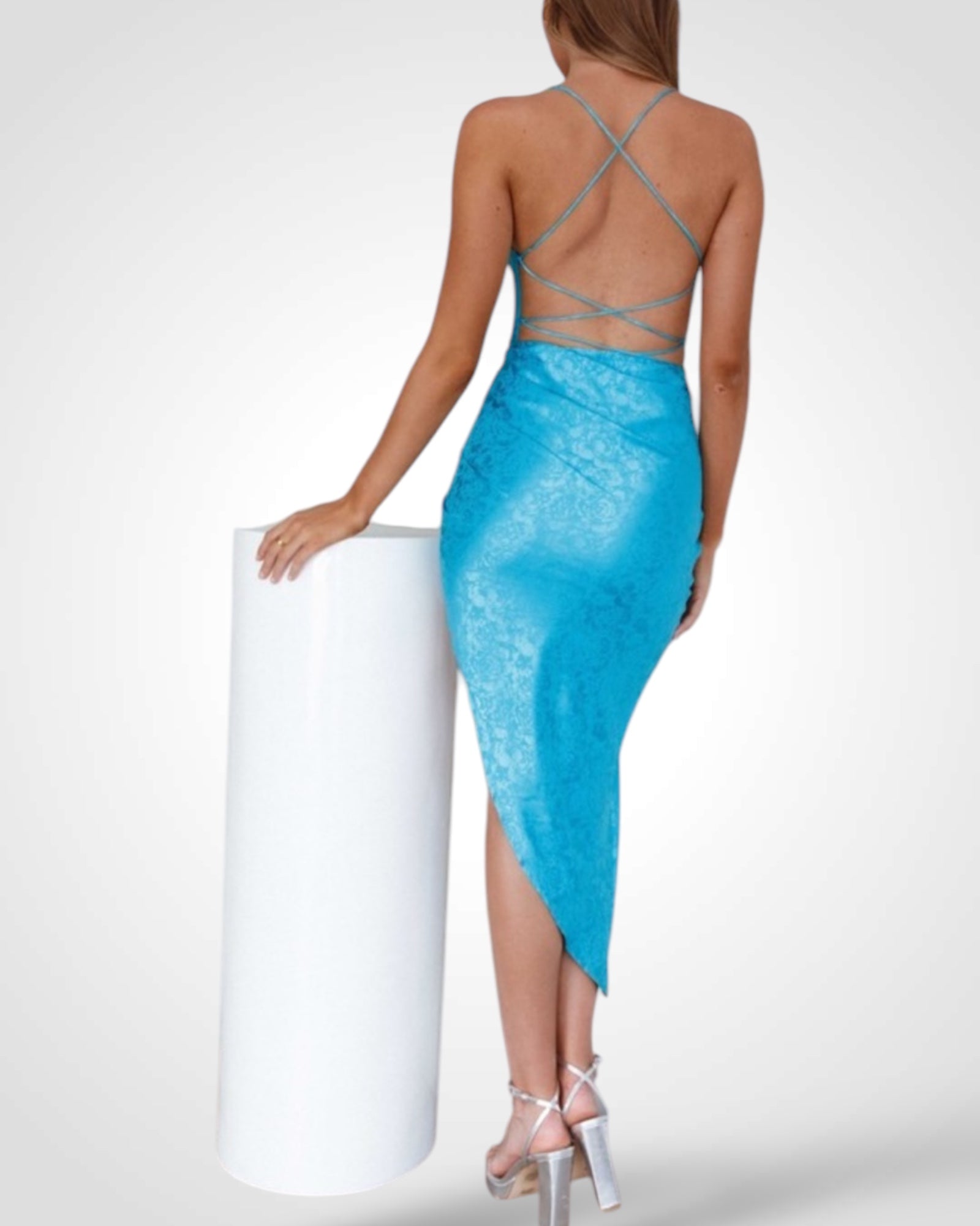 SATIN PRINTED COWL NECK MAXI DRESS