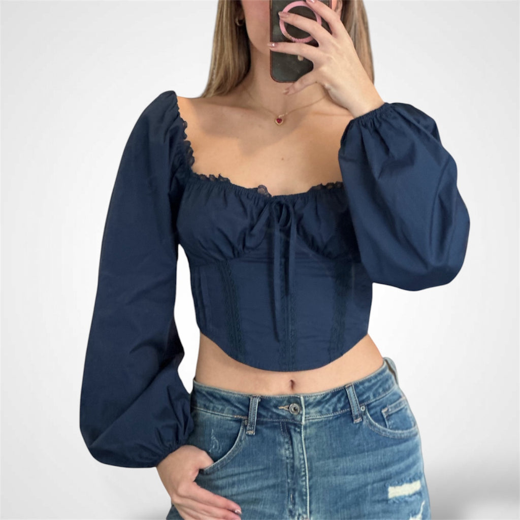 LACE TRIM DETAIL SMOCKED BACK CORSET CROP TOP