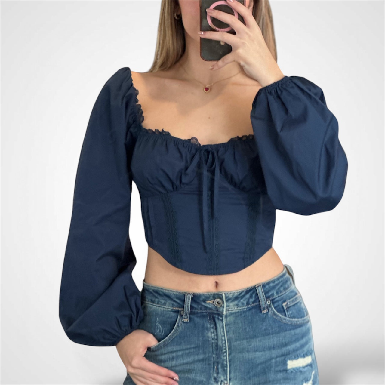 LACE TRIM DETAIL SMOCKED BACK CORSET CROP TOP