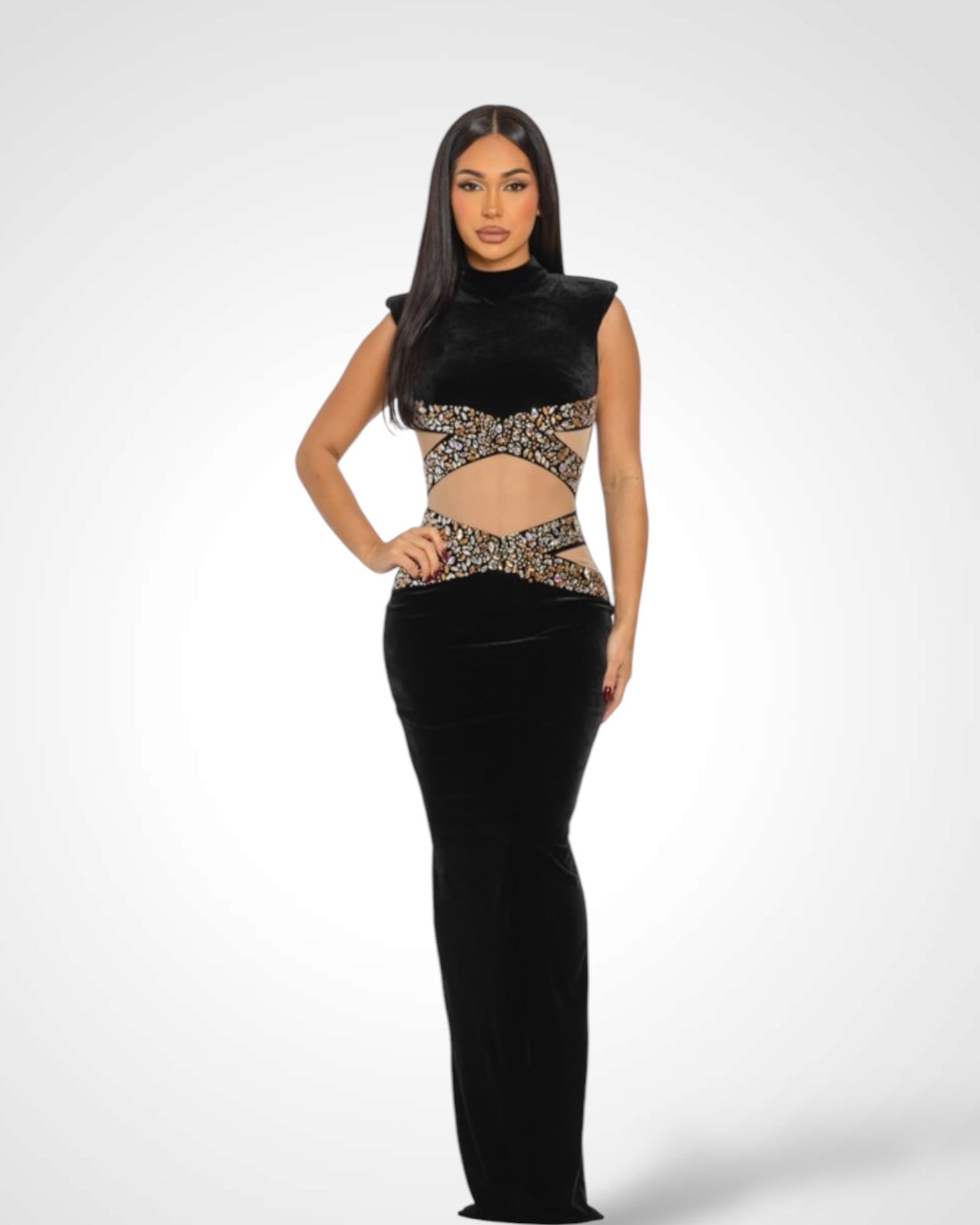 WAIST CROSS RHINESTONE VELVET MAXI SKIRT