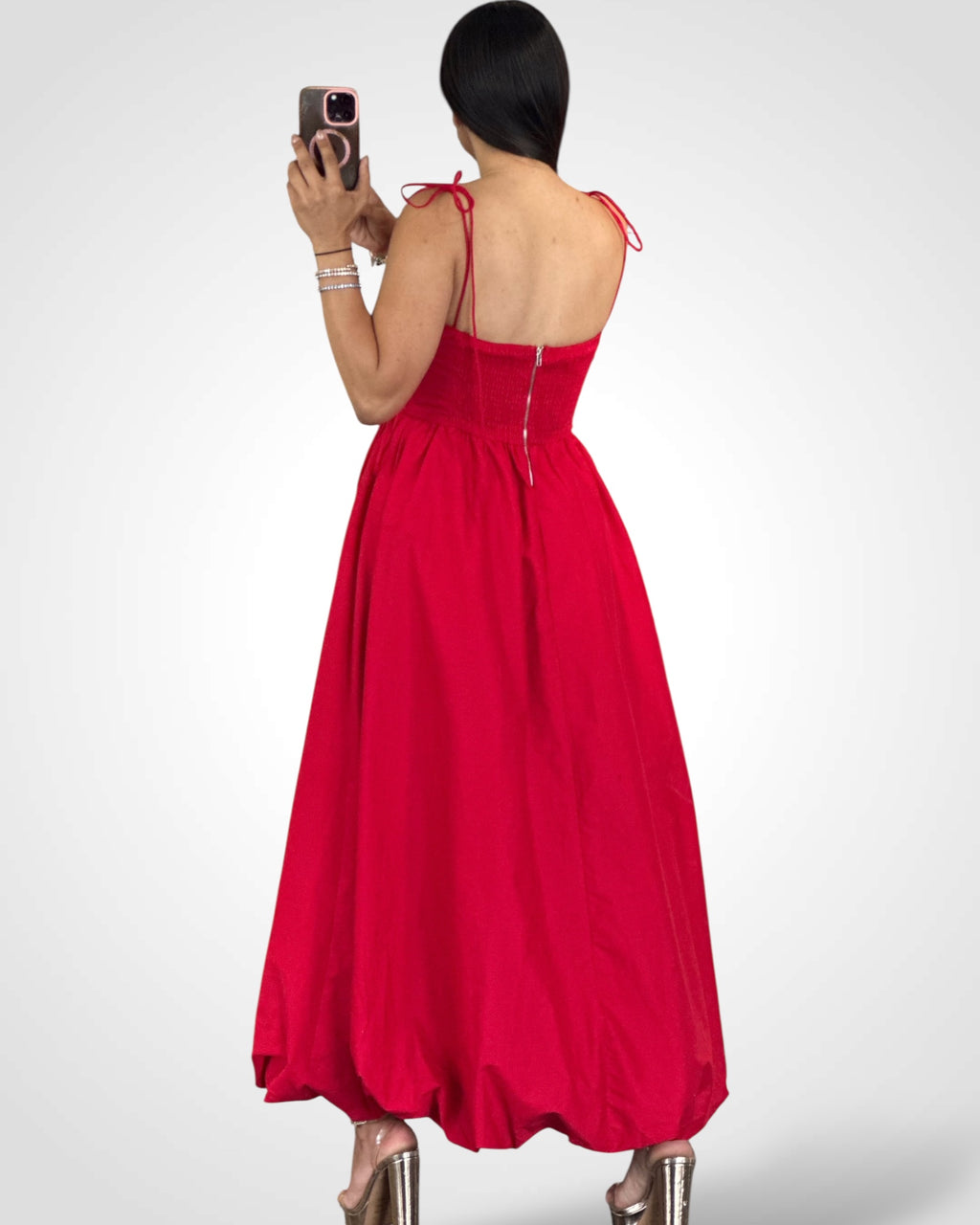 Red Spagehtti Self Tie Strap Bubble Hem Midi Dress