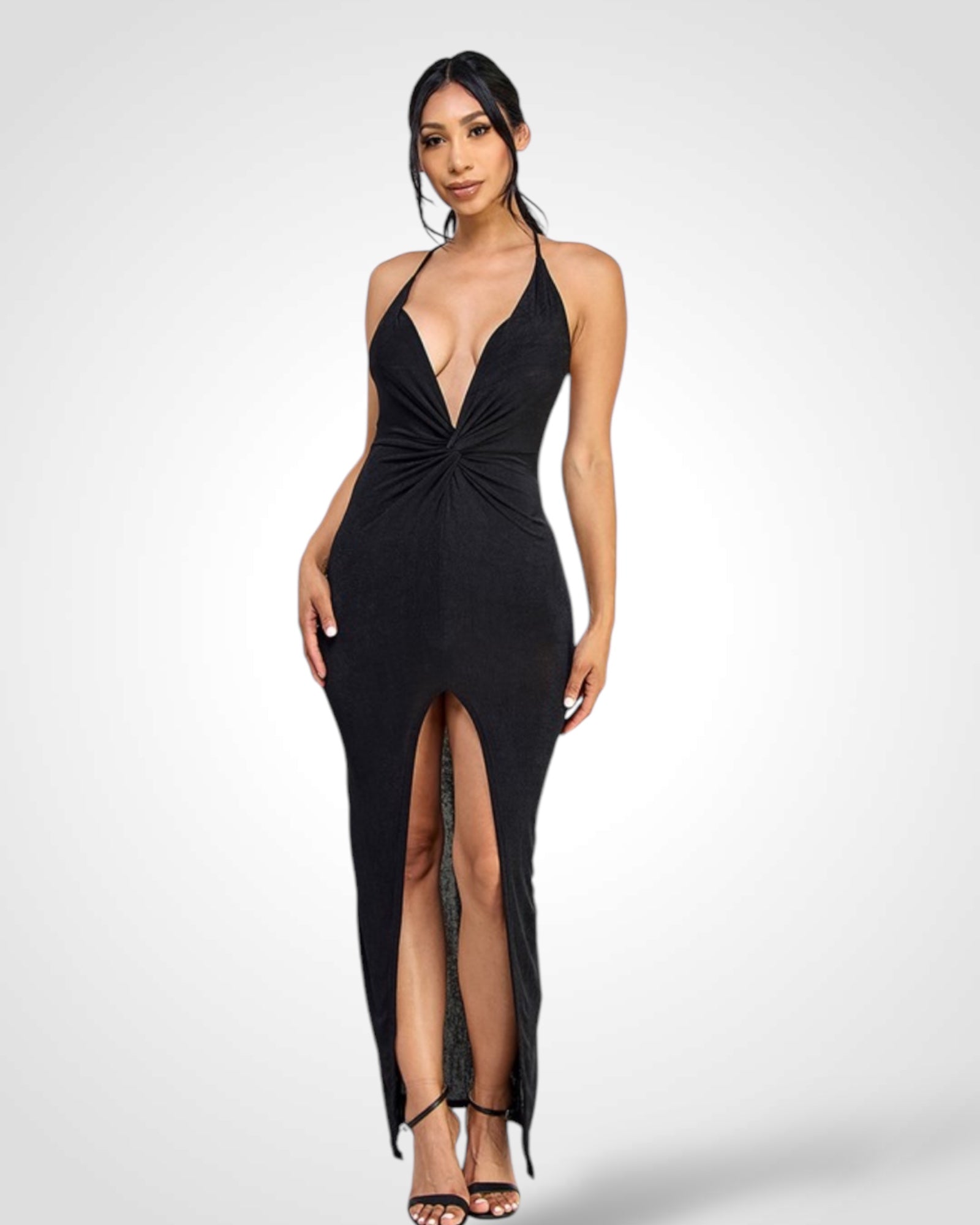 Front twist & slit, cross back long dress-1