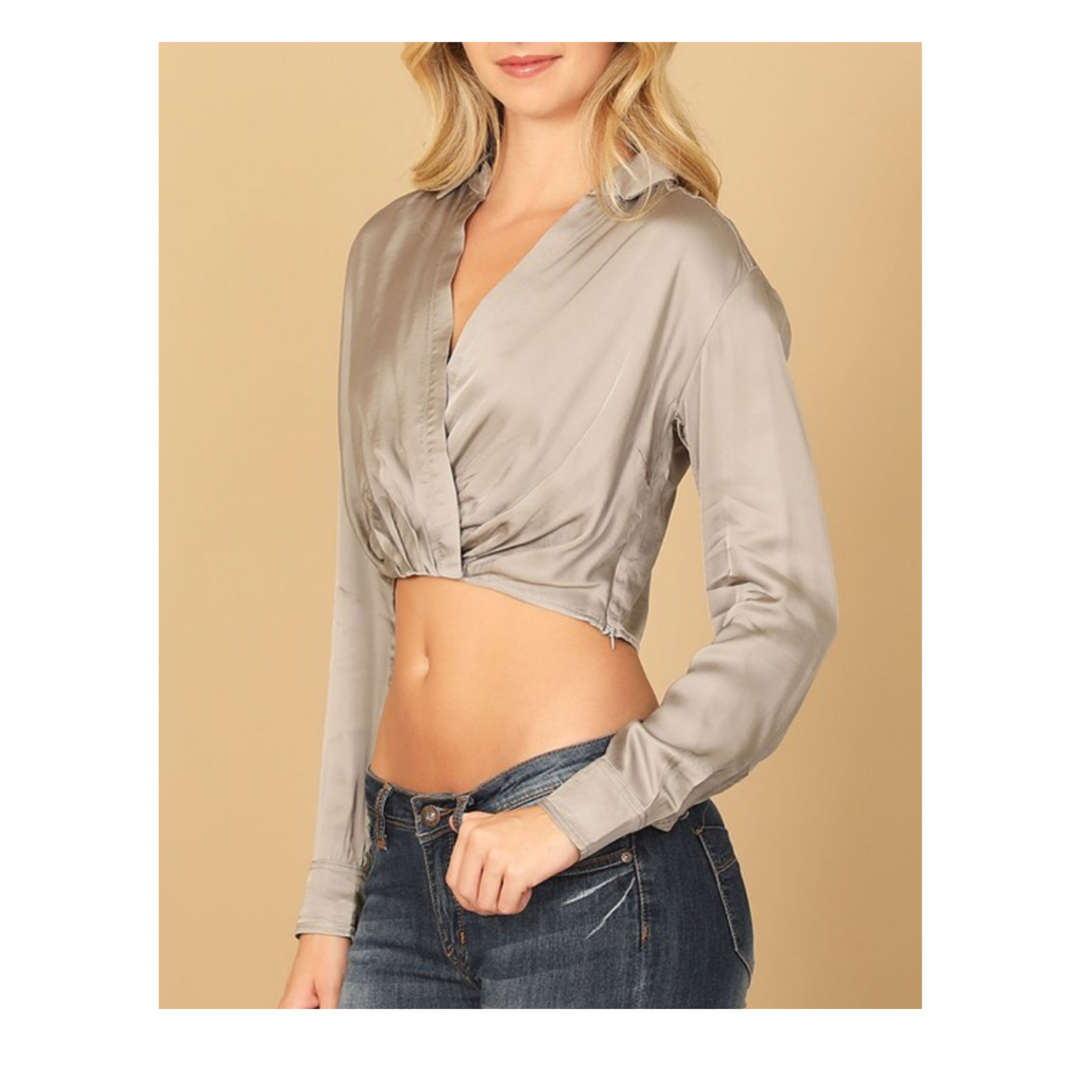 WRAP FRONT LONG SEEVE SOLID CROP TOP•-1