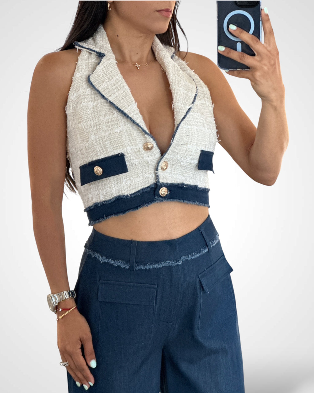 Denim Tweet Vest Pants 2pc Set