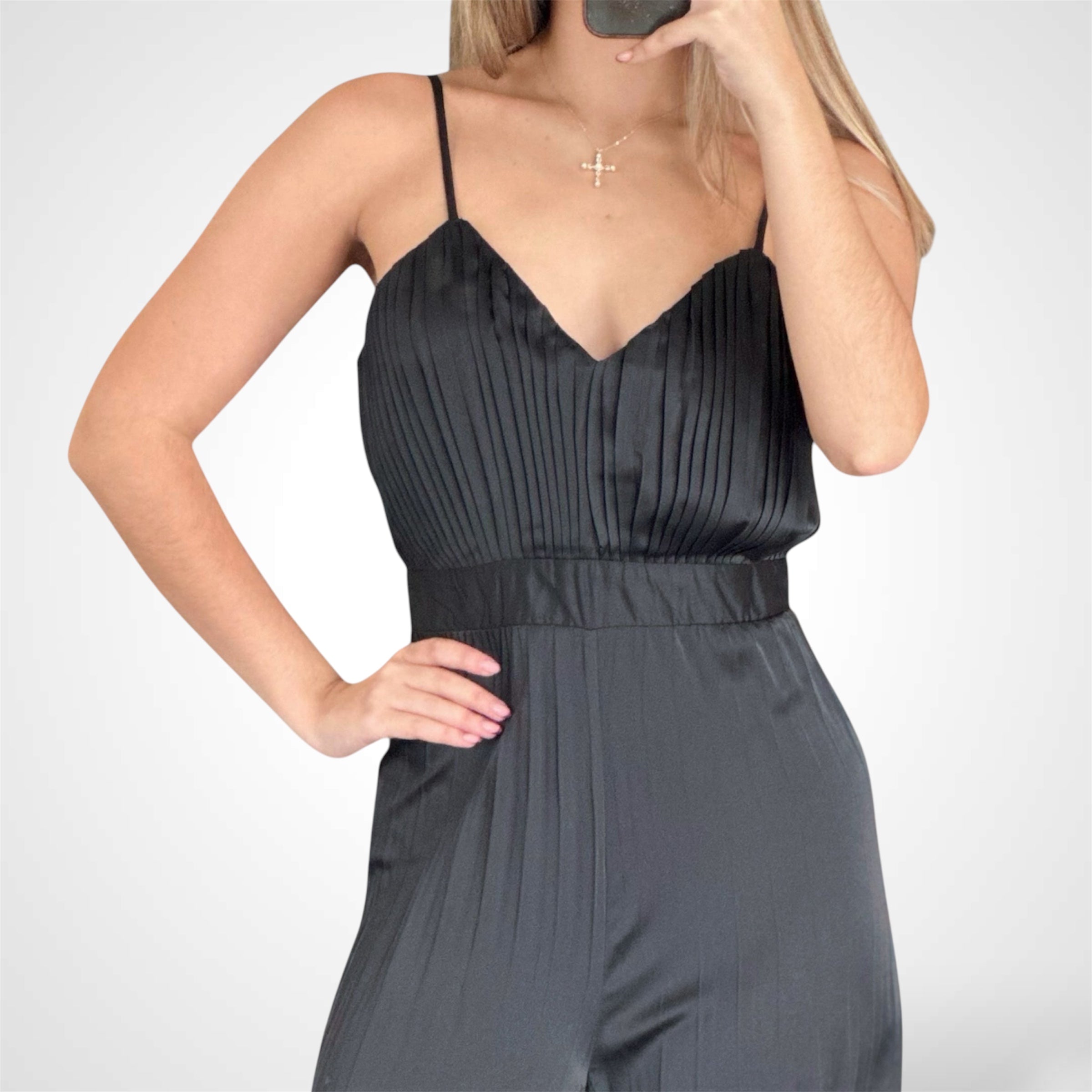 SATIN SPAGHETTI STRAP PLEATED WIDE LEG JUMPSUIT