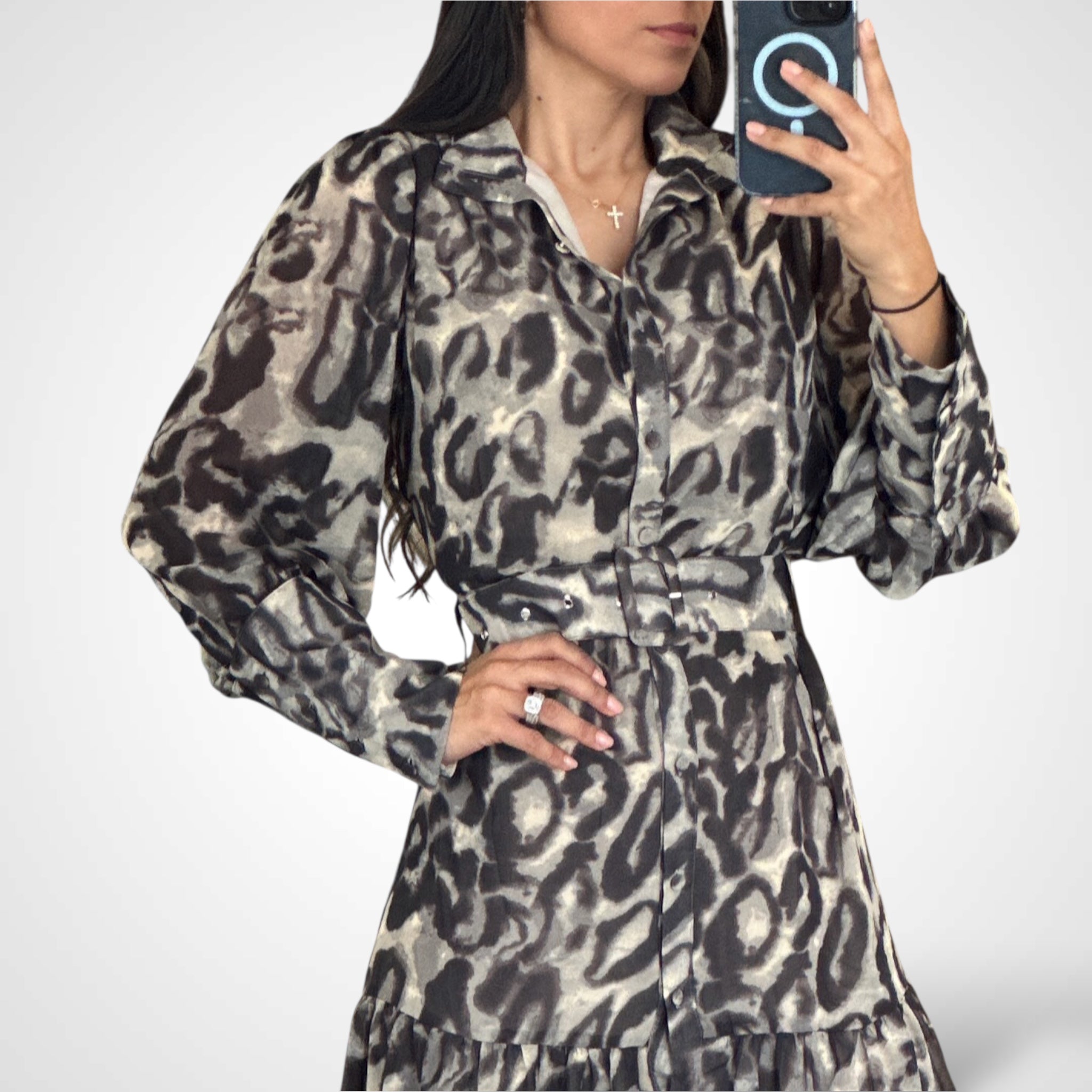 LEOPARD PRINT CHIFFON BELTED MIDI DRESS•-2