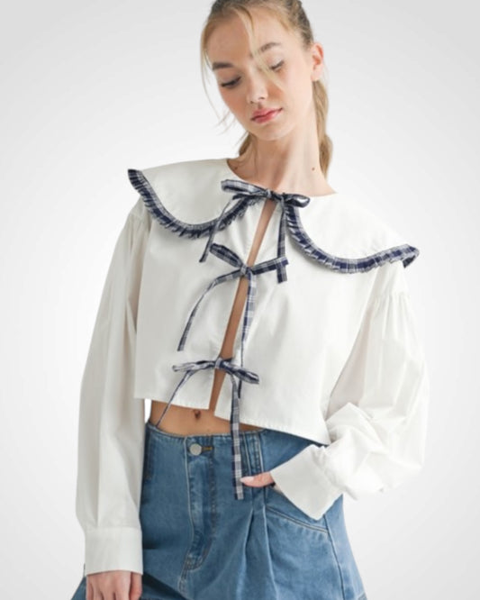 LARGE BIB COLLAR WITH RUFFLE PLAID DETAIL BLOUSE