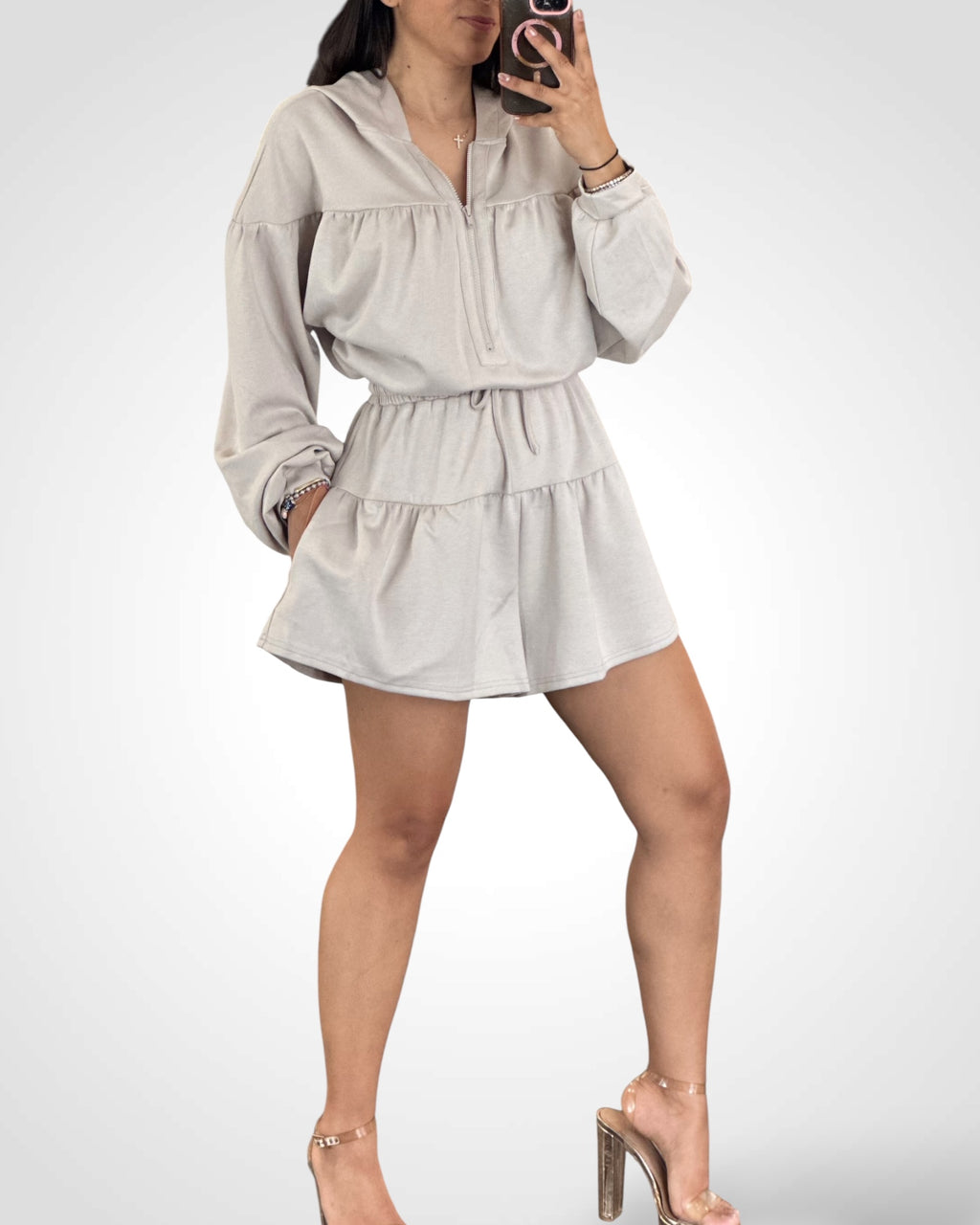 Stone Zip Front Hooded Romper