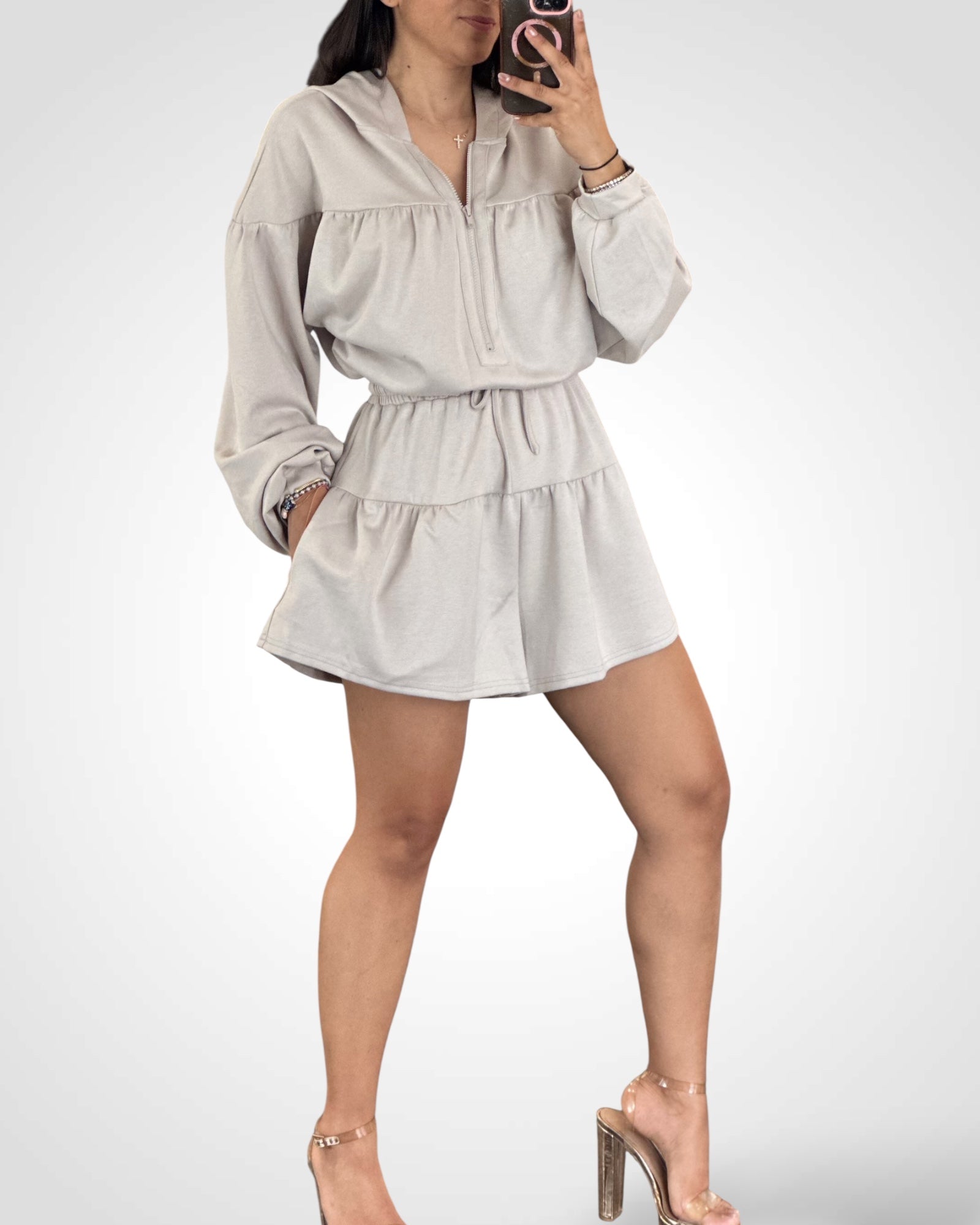 Stone Zip Front Hooded Romper•-2