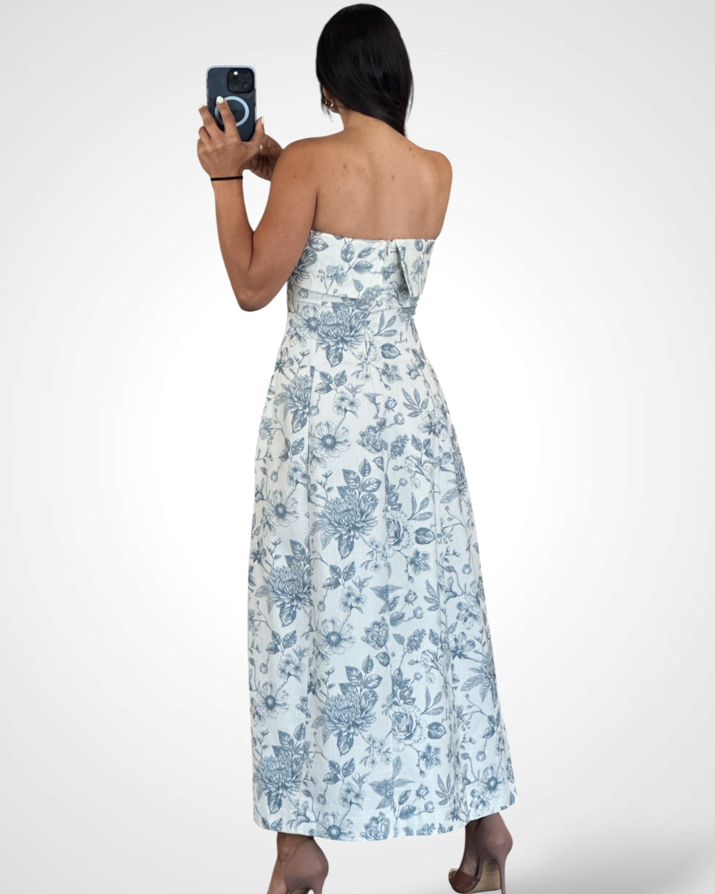 STRAPLESS FLORAL PRINTED MIDI DRESS