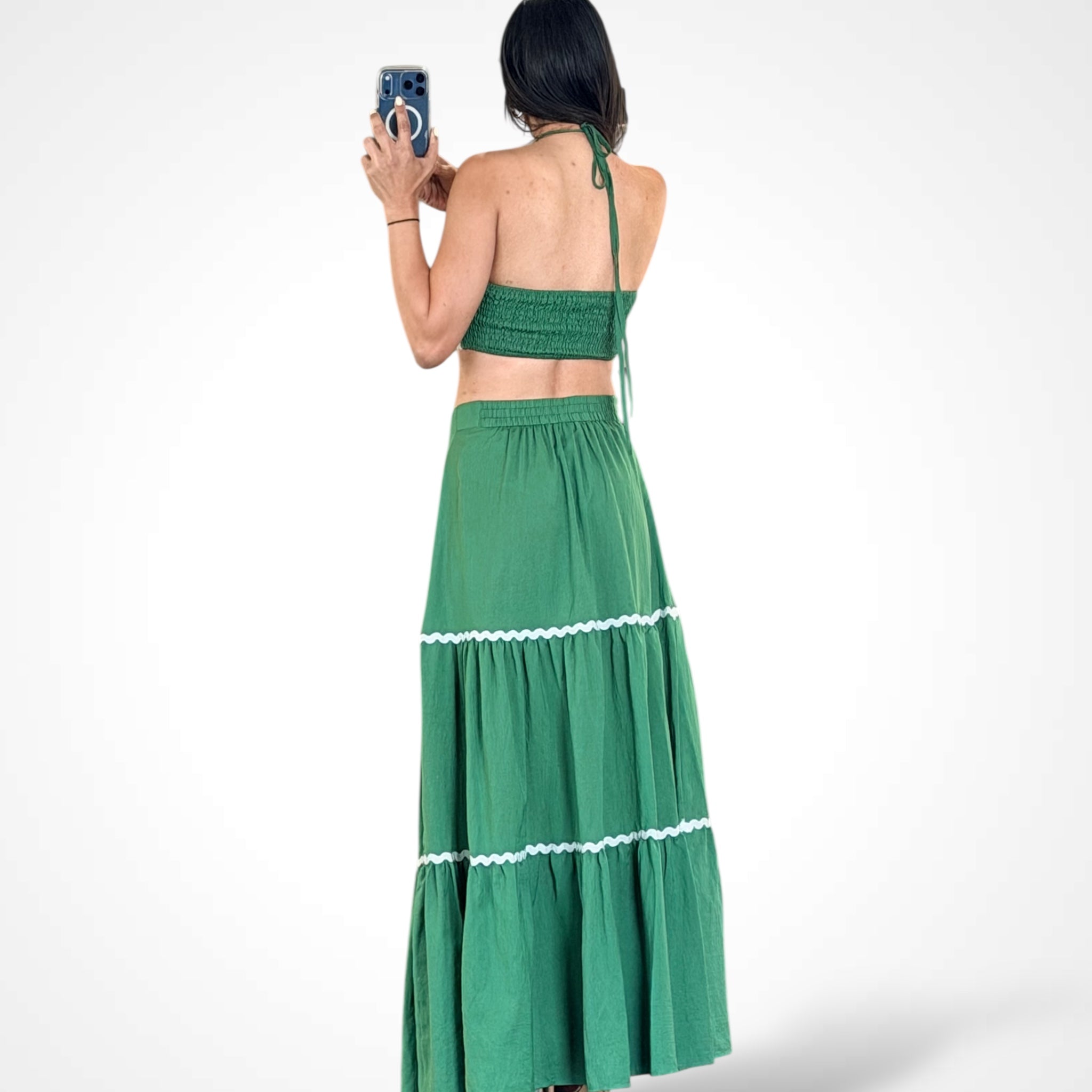Green Sleeveless Crop Top Elastic Waist Skirt Trim Set•-3