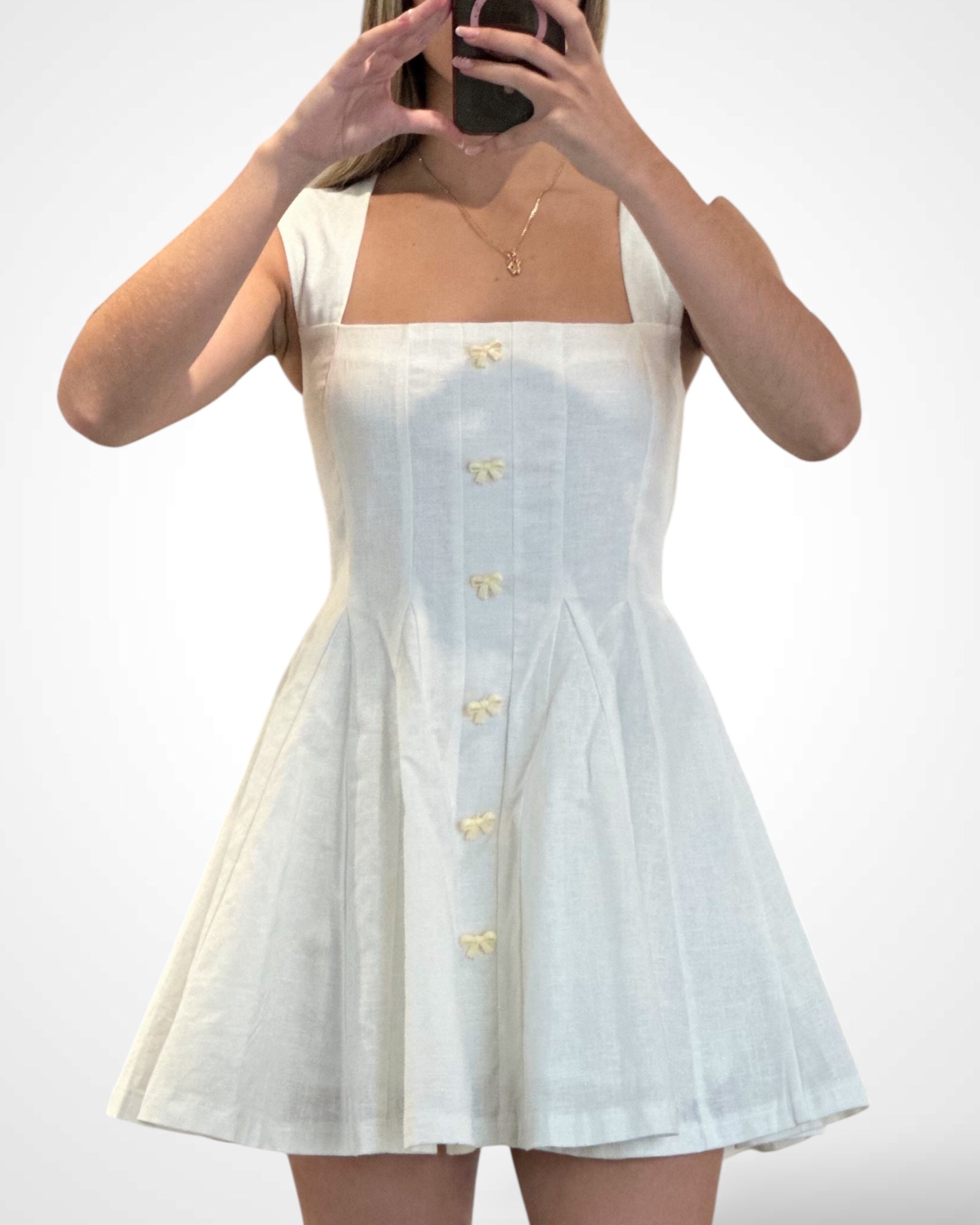 LINEN RIBBON-SHAPED BUTTON DECO MINI DRESS
