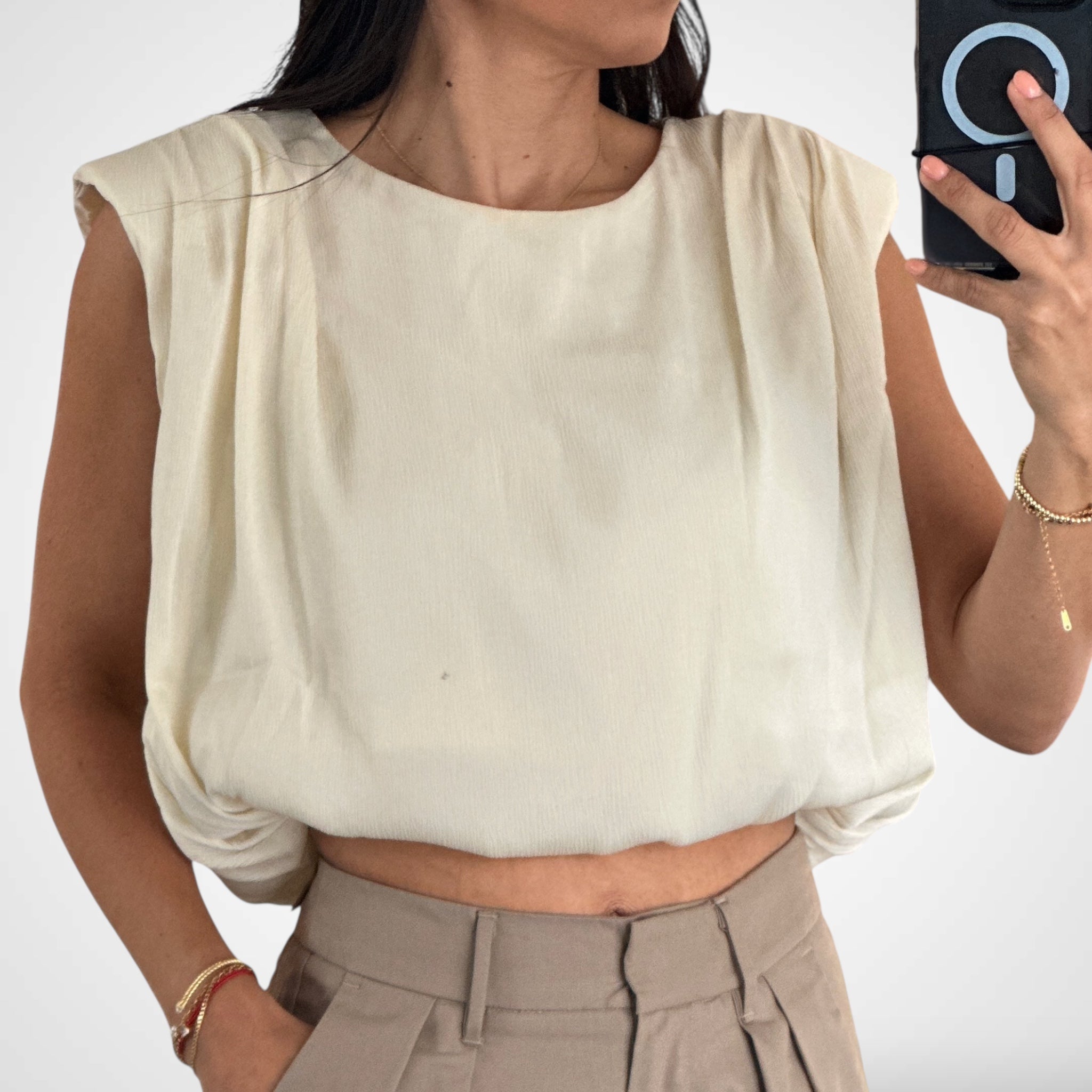 Cream Cap Sleeve Shoulder Padded Blouse•
