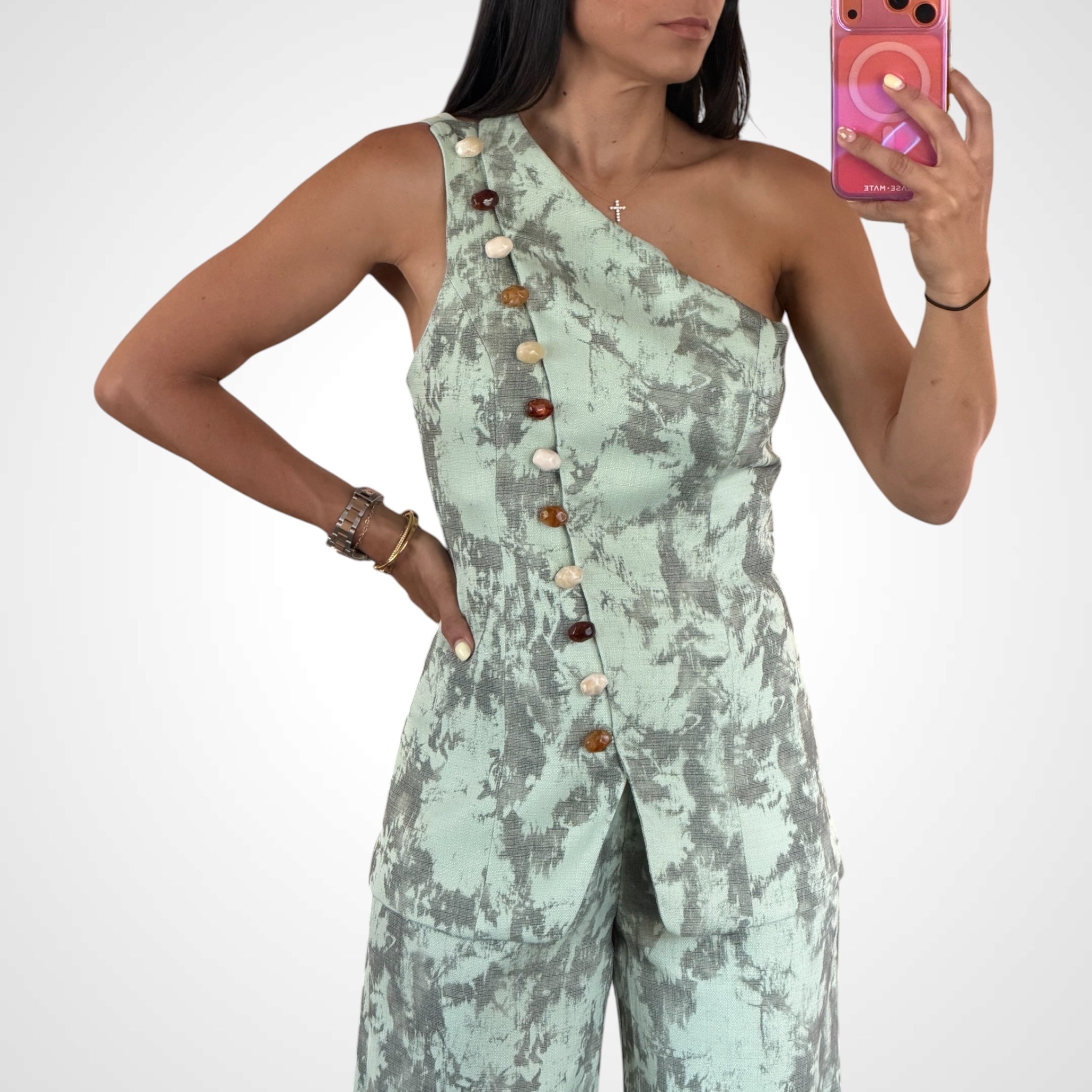 One Shoulder Buttoned Vest Set-2