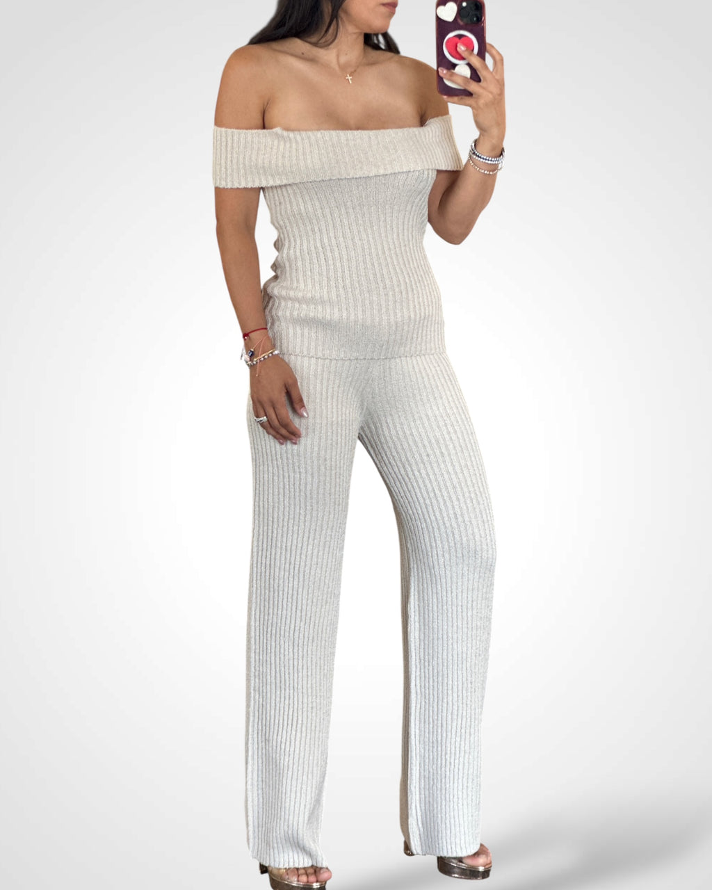 OFF SHOULDER SWEATER TOP WITH LONG PANTS