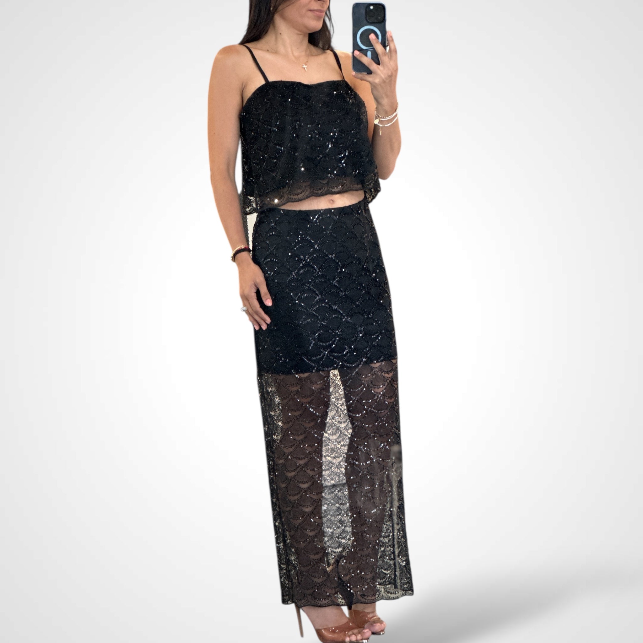 SEQUIN TOP AND PENCIL SKIRT SET•