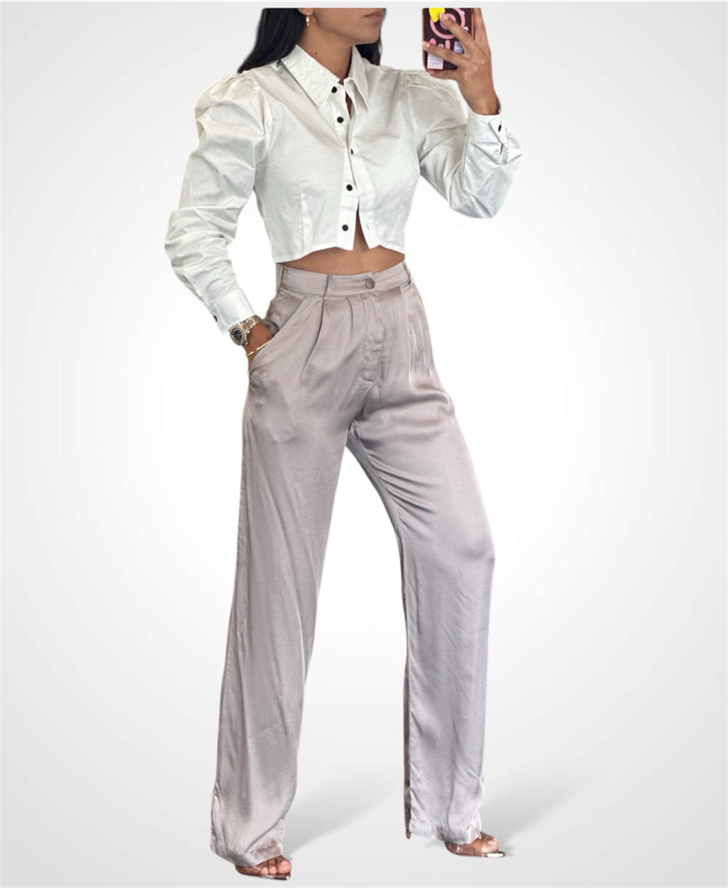 PLEATED POCKET DETAIL STRAIGHT SATIN PANTS