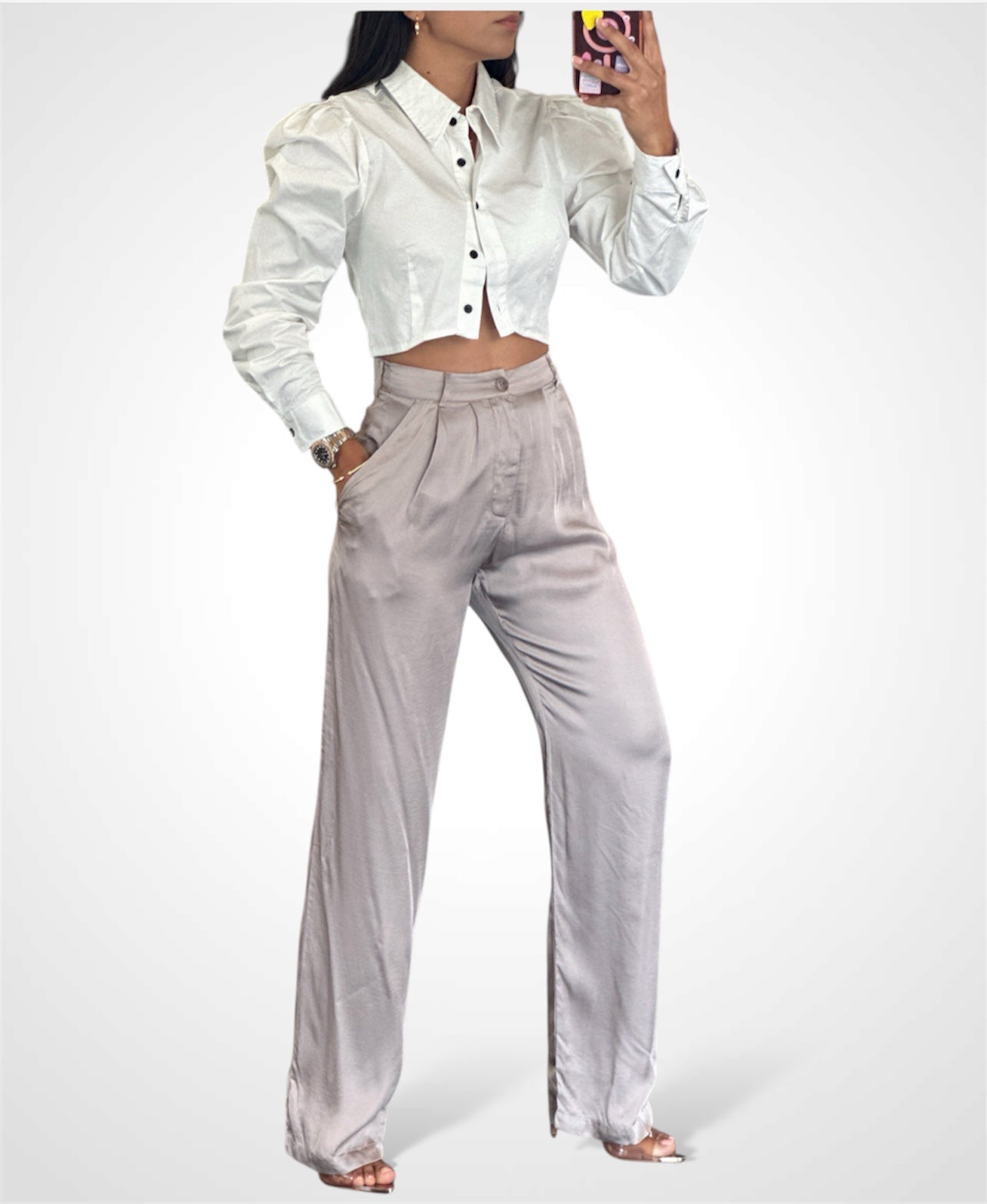 PLEATED POCKET DETAIL STRAIGHT SATIN PANTS