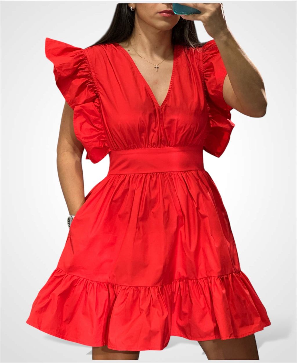 V-NECK MINI DRESS WITH RUFFLE DETAILS