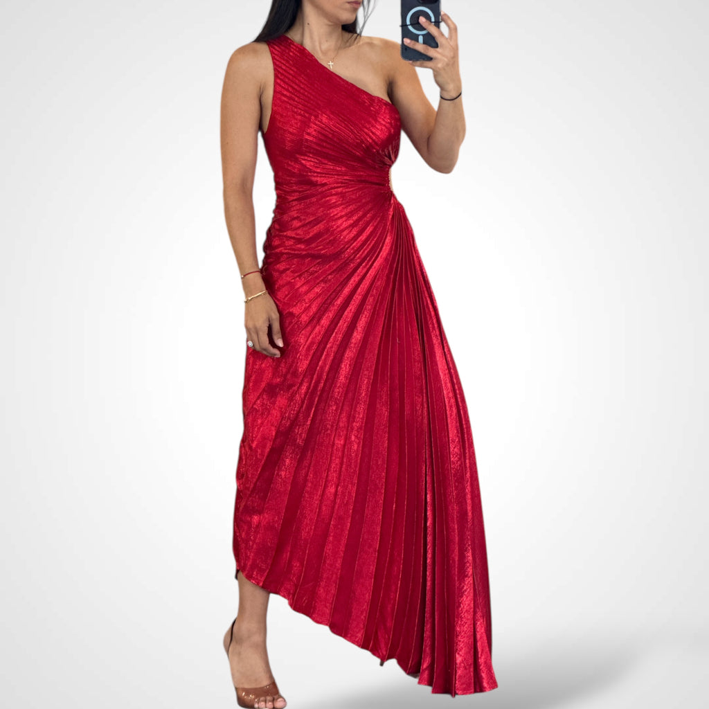 Red Metallic Pleated One S Dress