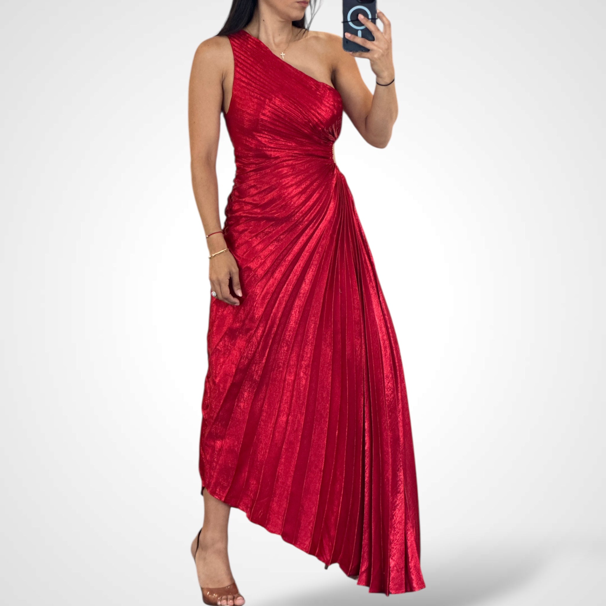 Red Metallic Pleated One S Dress