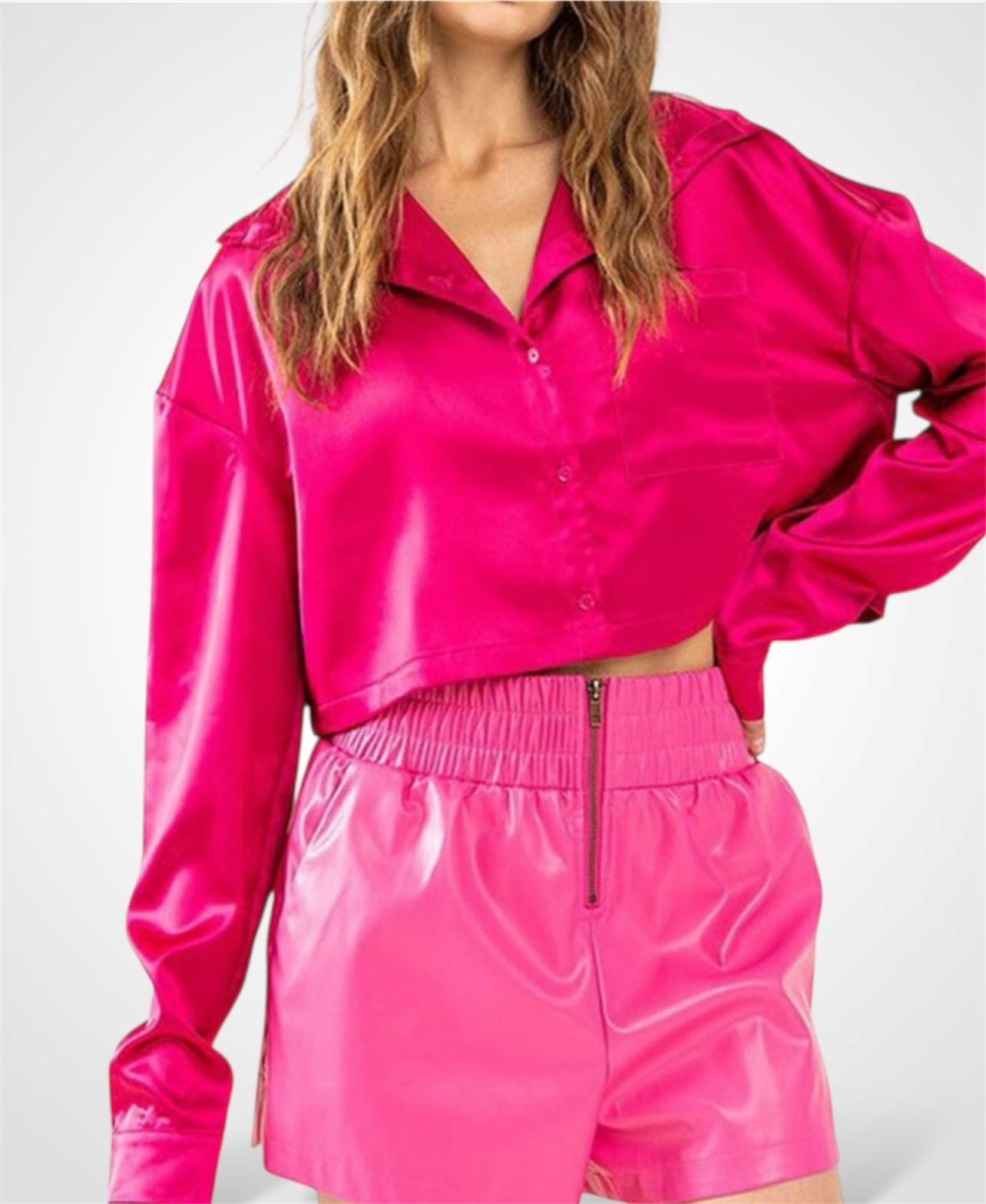 MAGENTA LONG SLEEVE BUTTON UP SATIN BLOUSE TOP•