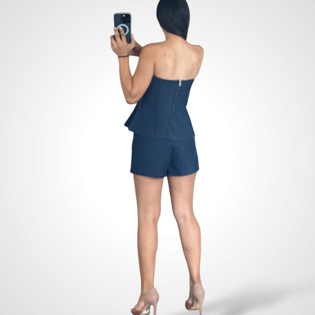 FIT AND FLARE DENIM TUBE TOP AND SHORTS SET