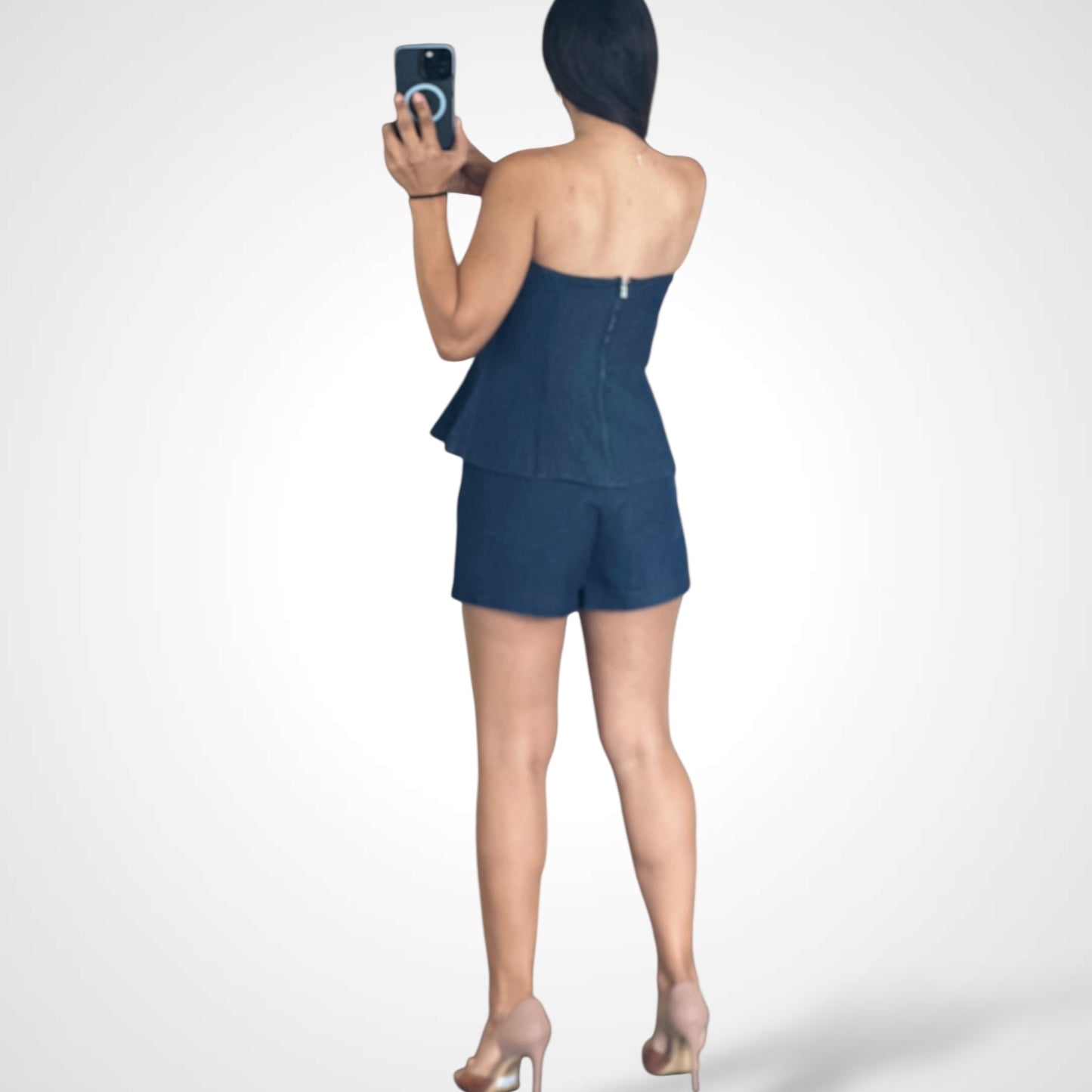 FIT AND FLARE DENIM TUBE TOP AND SHORTS SET