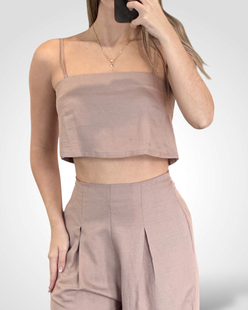 LINEN MIX CAMI CROP TOP AND WIDE LEG PANTS SET
