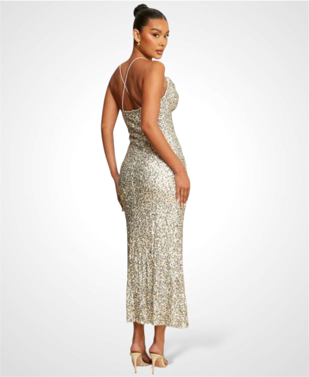 MIXED METALS SEQUIN MIDI DRESS