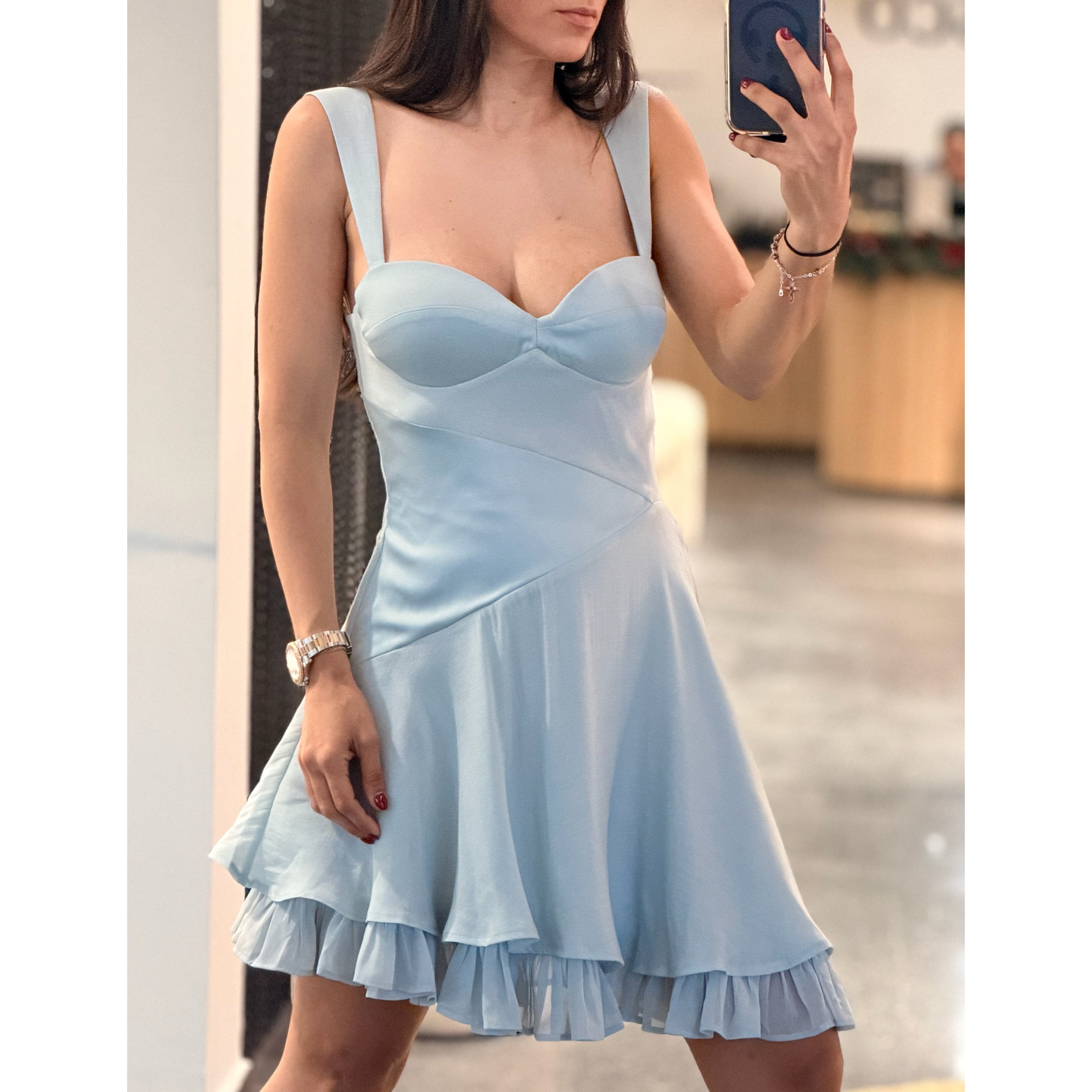 Yaffa Baby Blue Asymmetrical Mini Dress•