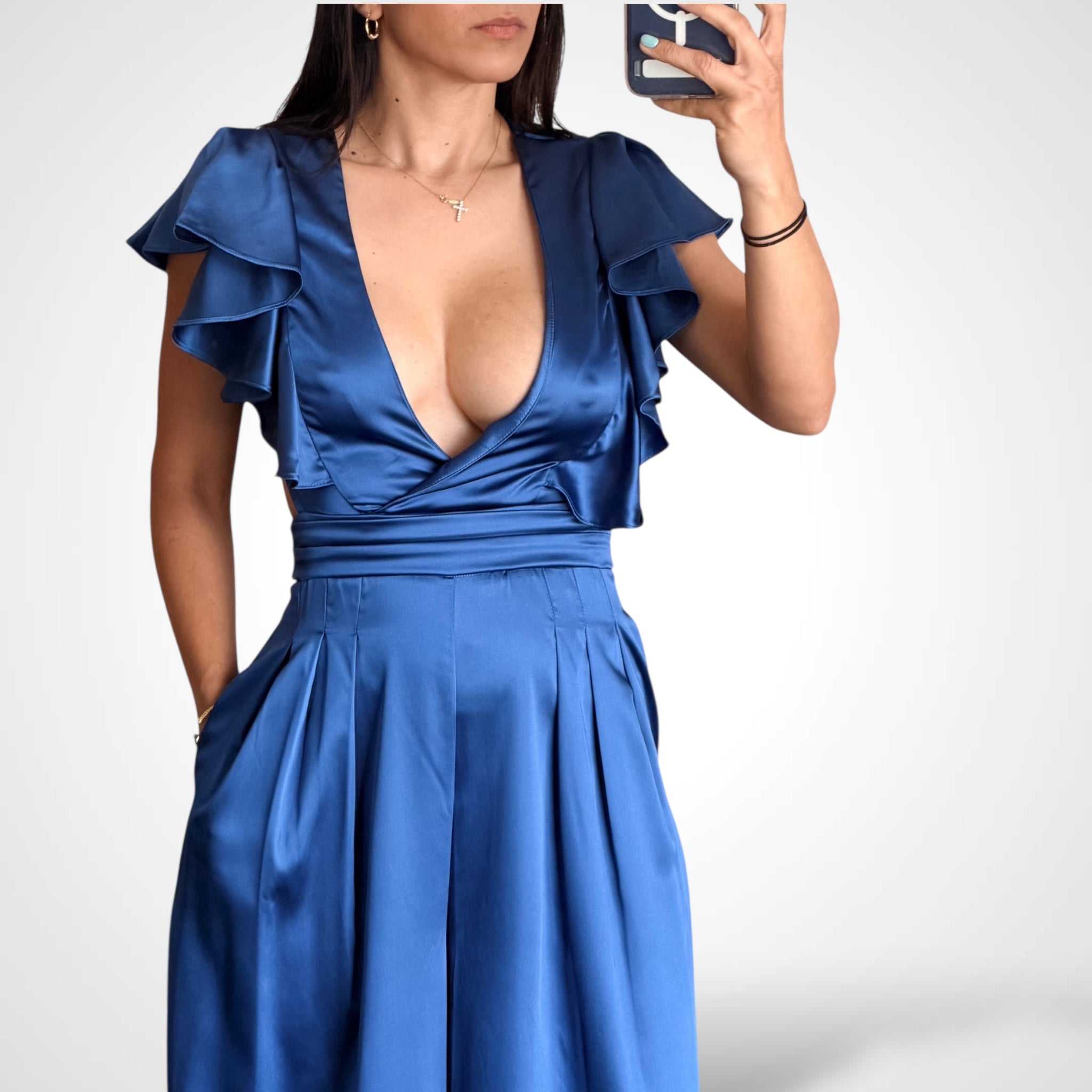 Royal Blue Satin Ruffle Detail Jumpsuit•-2