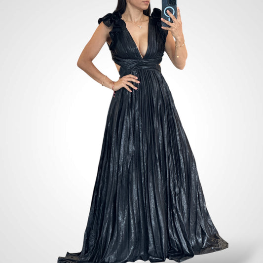 Black Metallic Pleated Maxi Dress