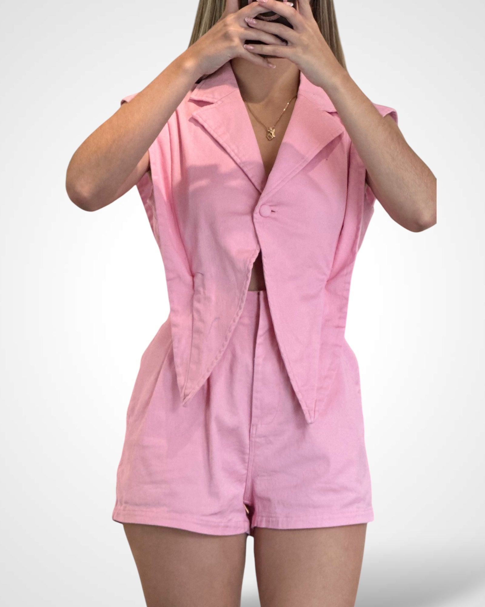 Pink Blazer style top with connected shorts•-1