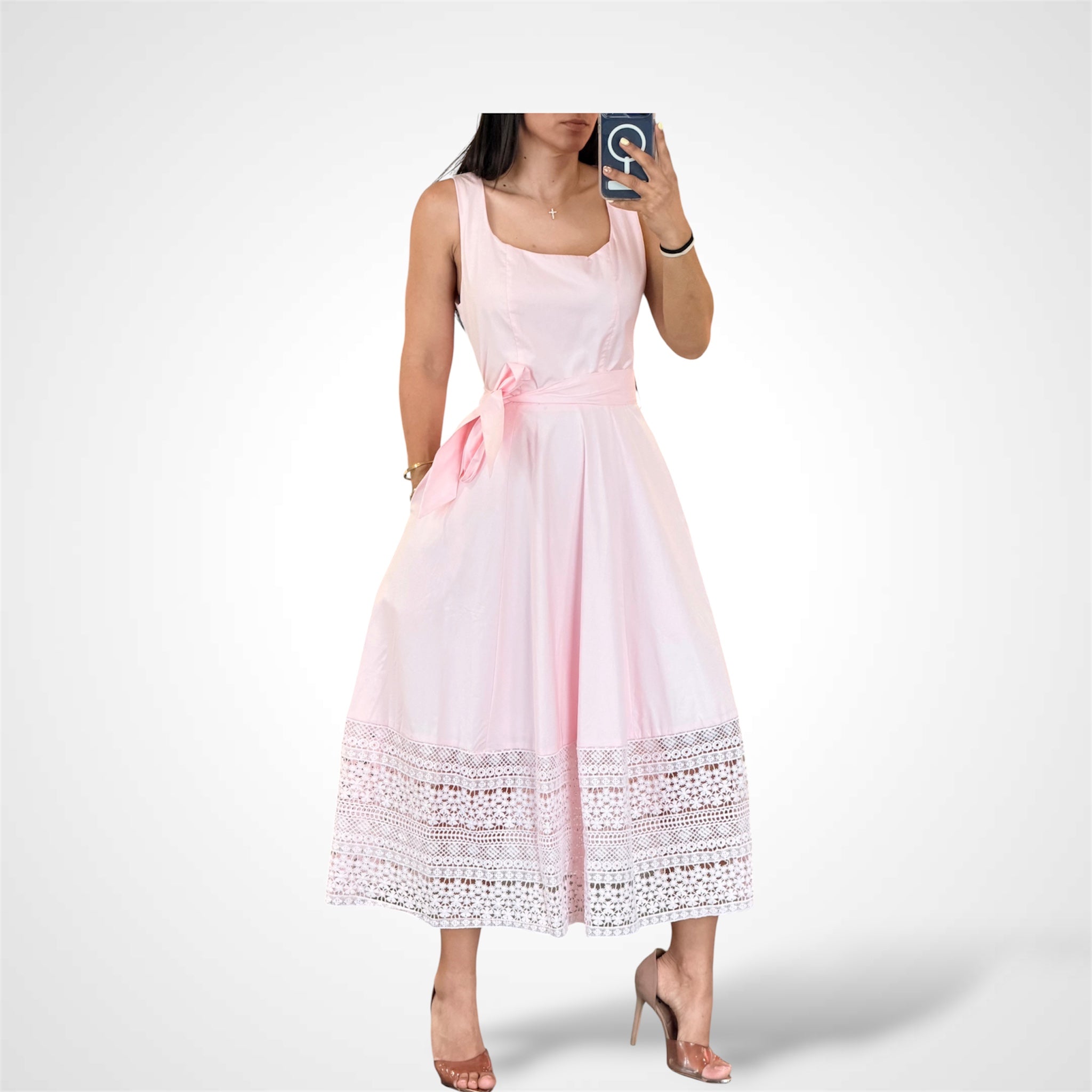 Sleeveless Square Neck Midi Dress with Eyelet Lace Hem-1