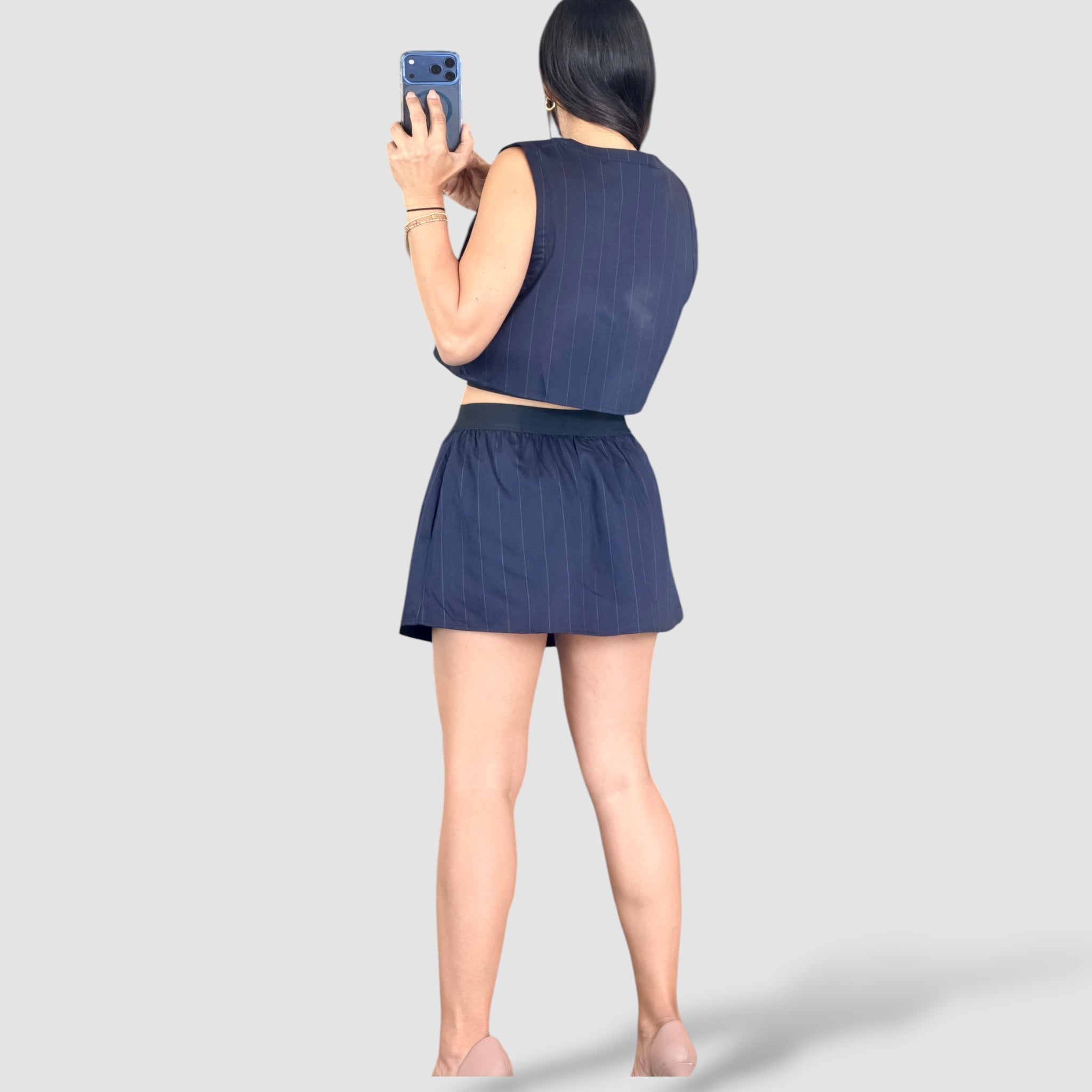 PIN STRIPE ELASTIC WAISTBAND MINI SKIRT•-3