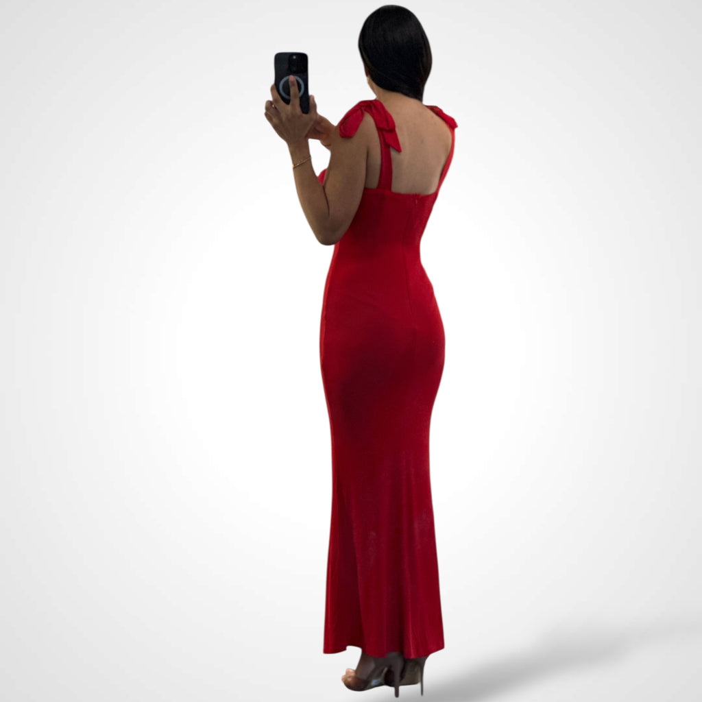 RED SLEEVELESS TIED STRAP MAXI DRESS