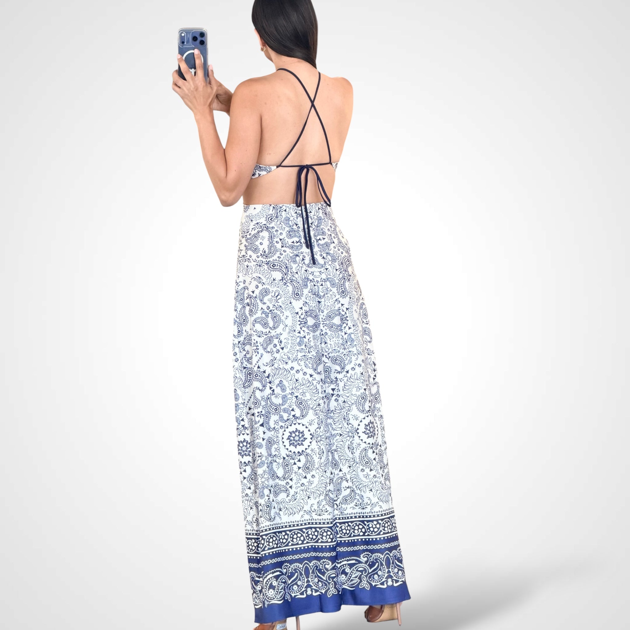 PAISELY PRINTED HALTER NECK MIDI DRESS-3