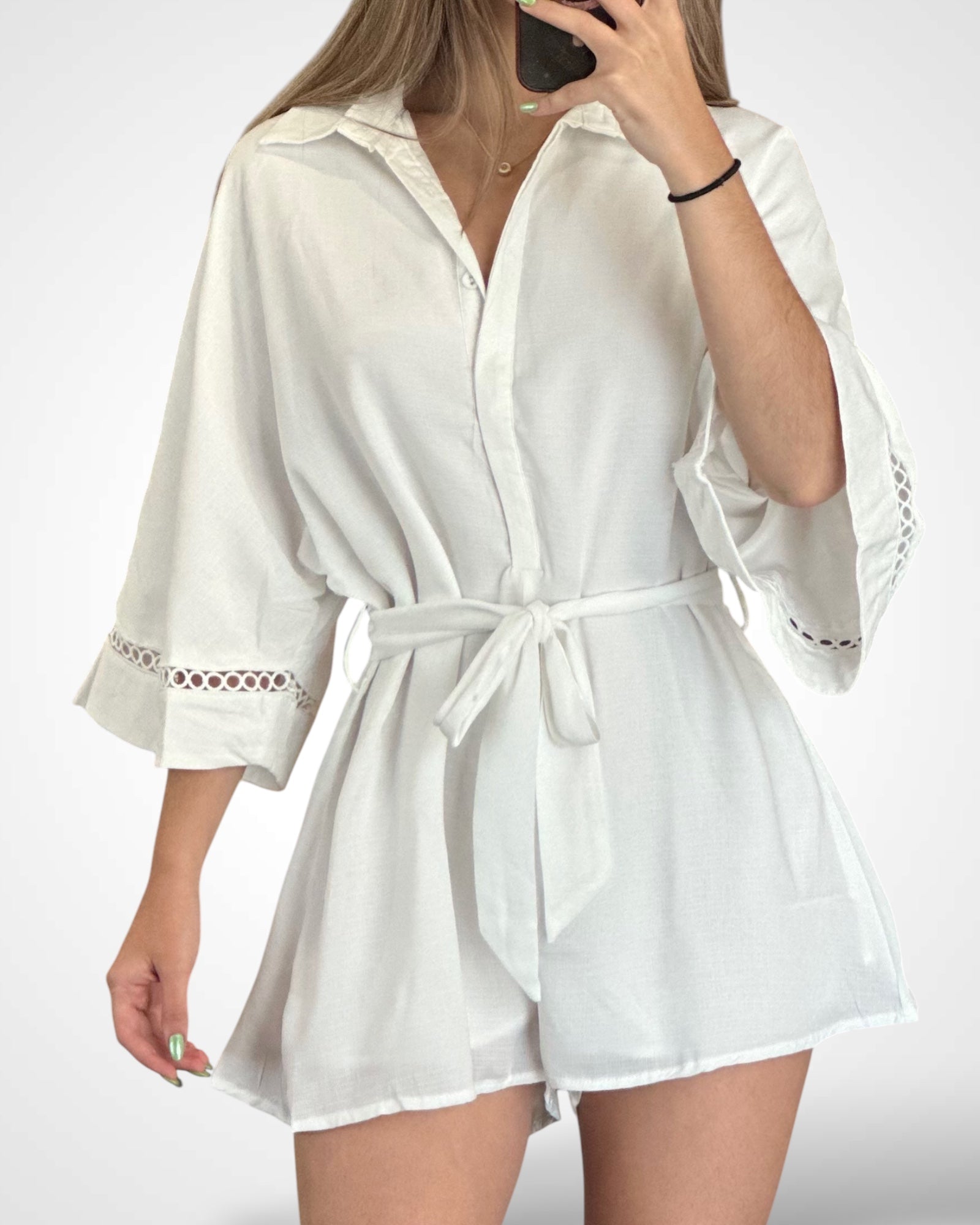 FLOWY LONG SLEEVES SELF-TIE WAIST ROMPER (White)•