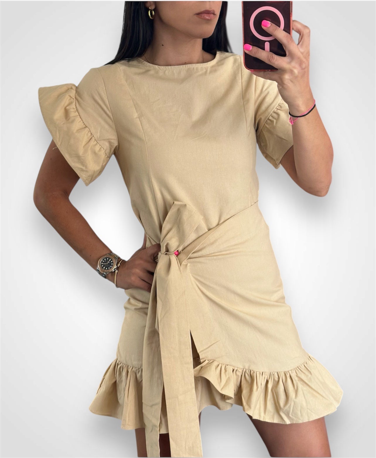 TAUPE WAIST WRAP MINI DRESS-1