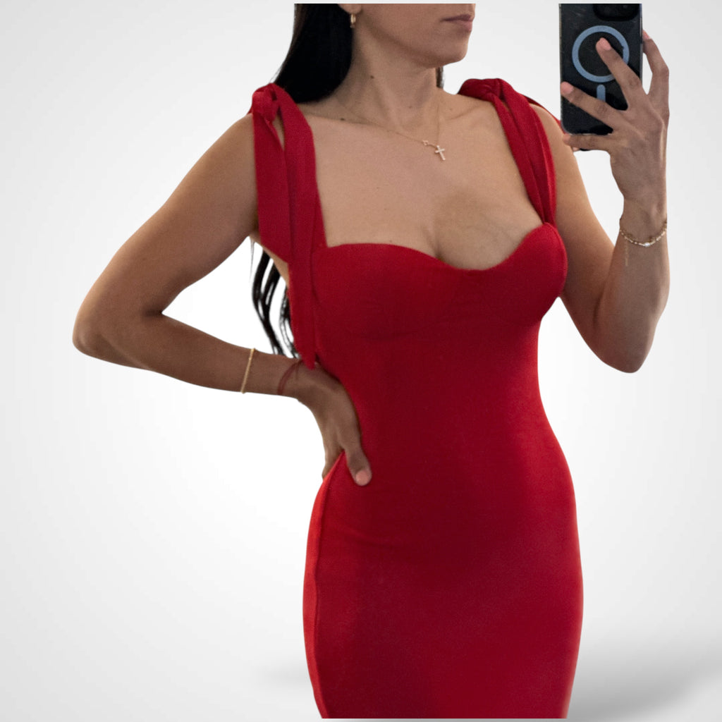 RED SLEEVELESS TIED STRAP MAXI DRESS
