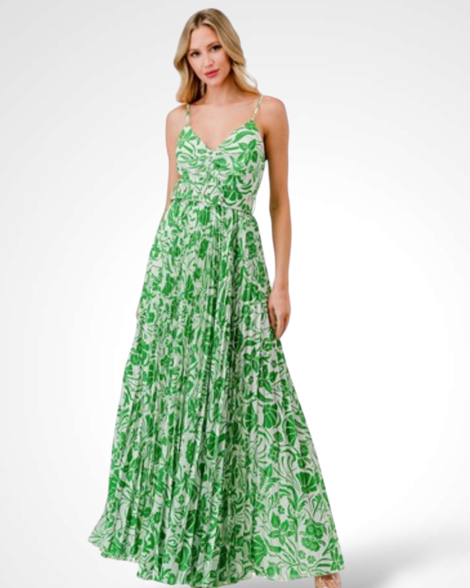 Print Pleated Maxi Dress with Belt