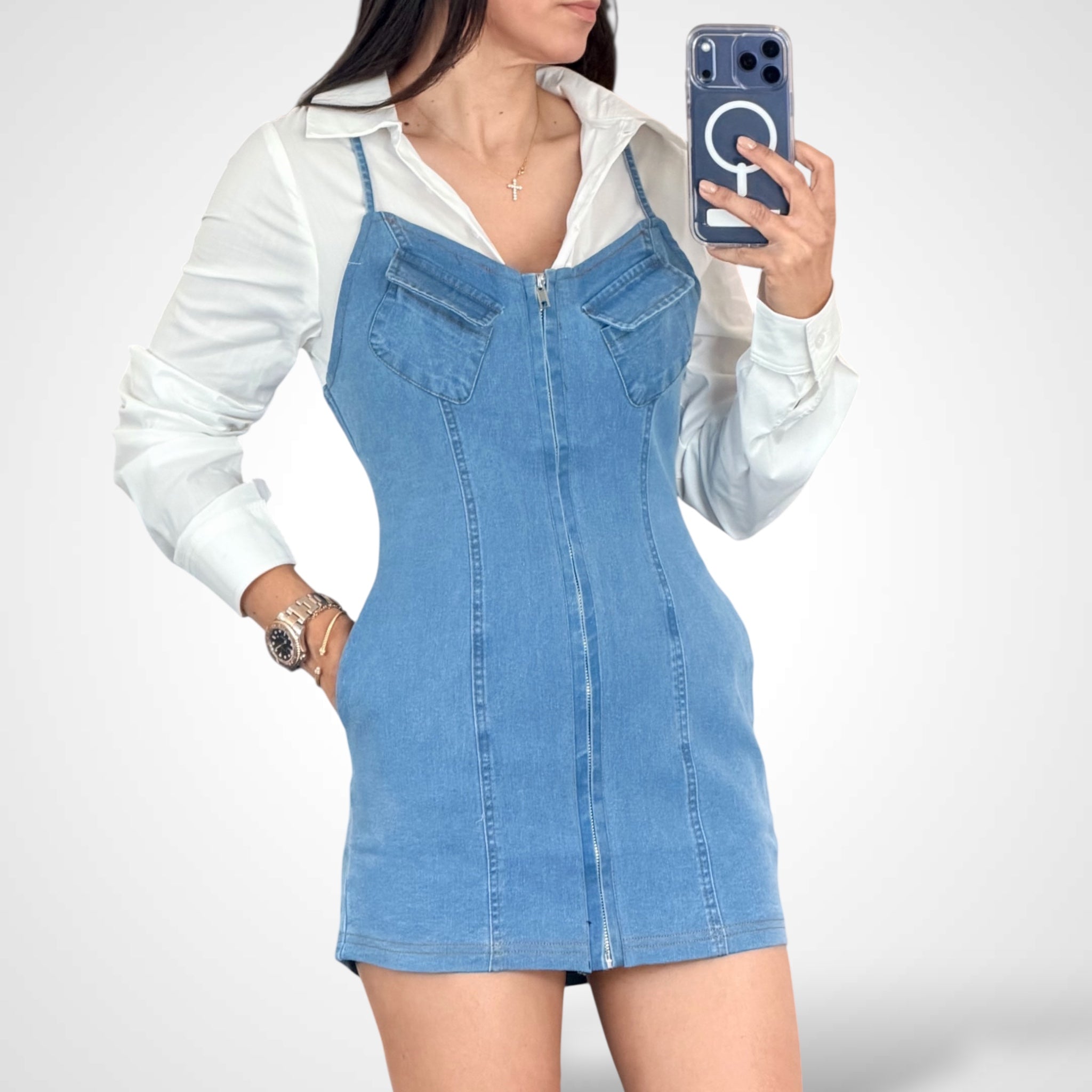 Zip Up Front Pockets Bodycon Denim Contrast Dress•