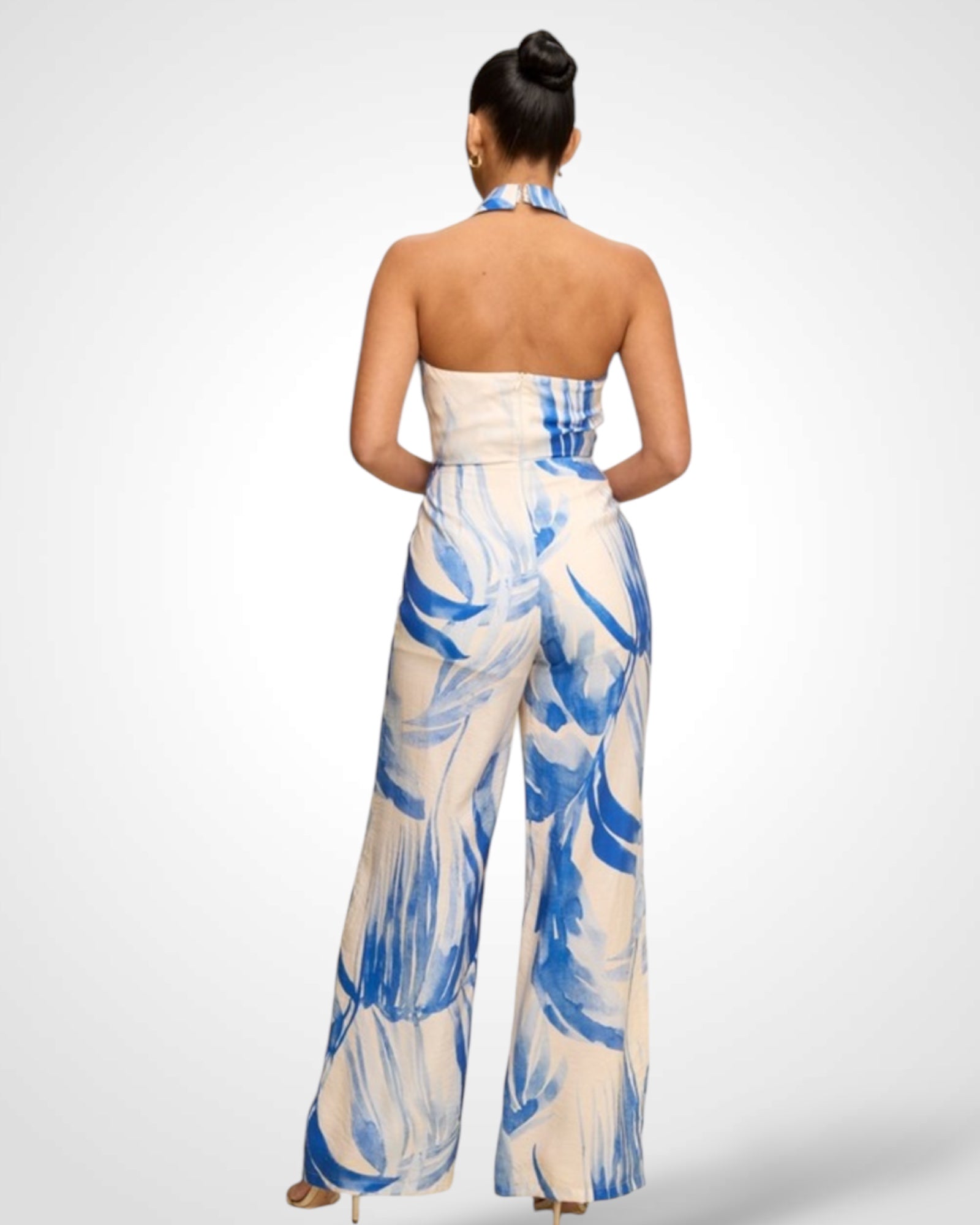 SJQ-PALMS PRINT HALTER NECK JUMPSUIT