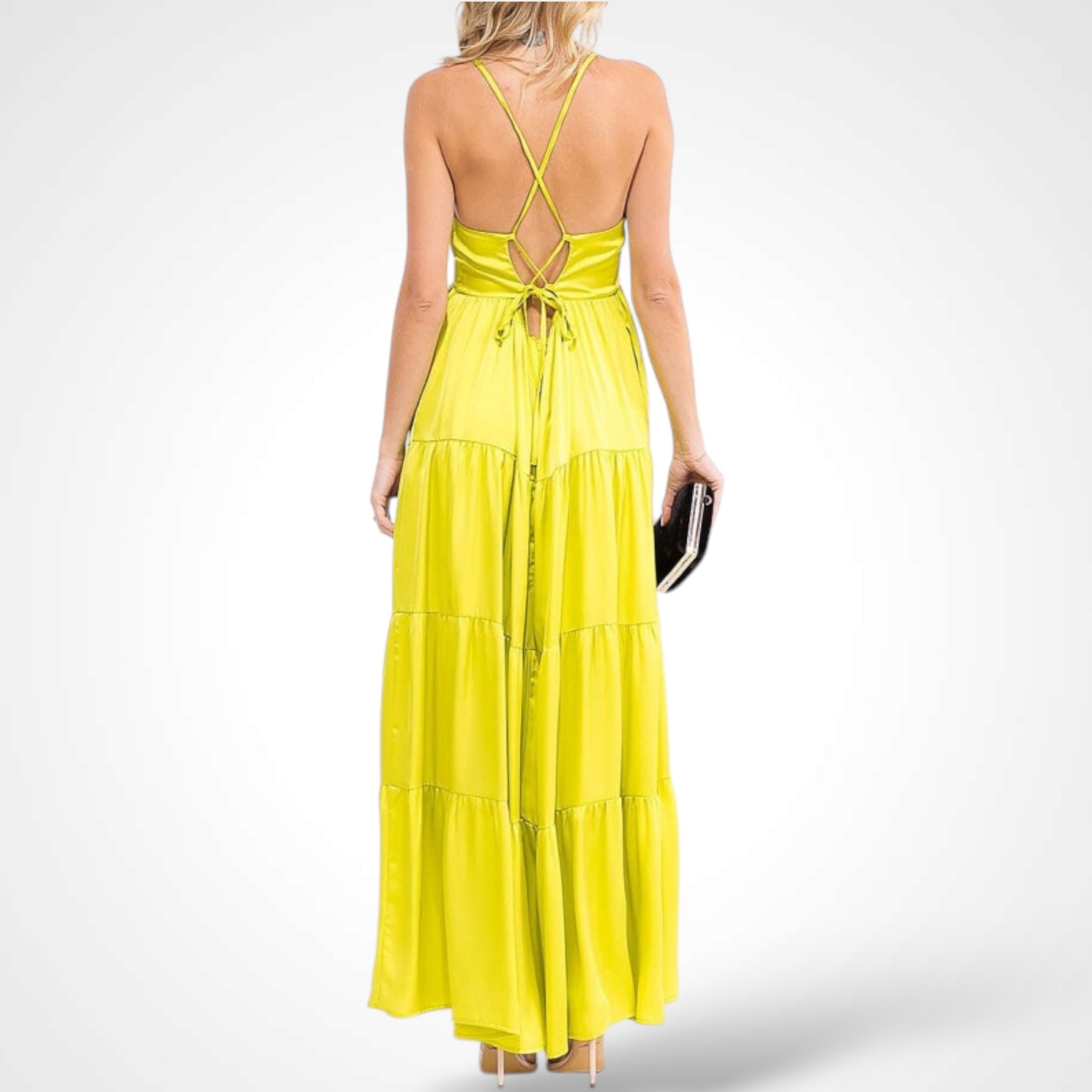 Lime Sleeveless V-neck Open Back Tiered Maxi Dress•-2