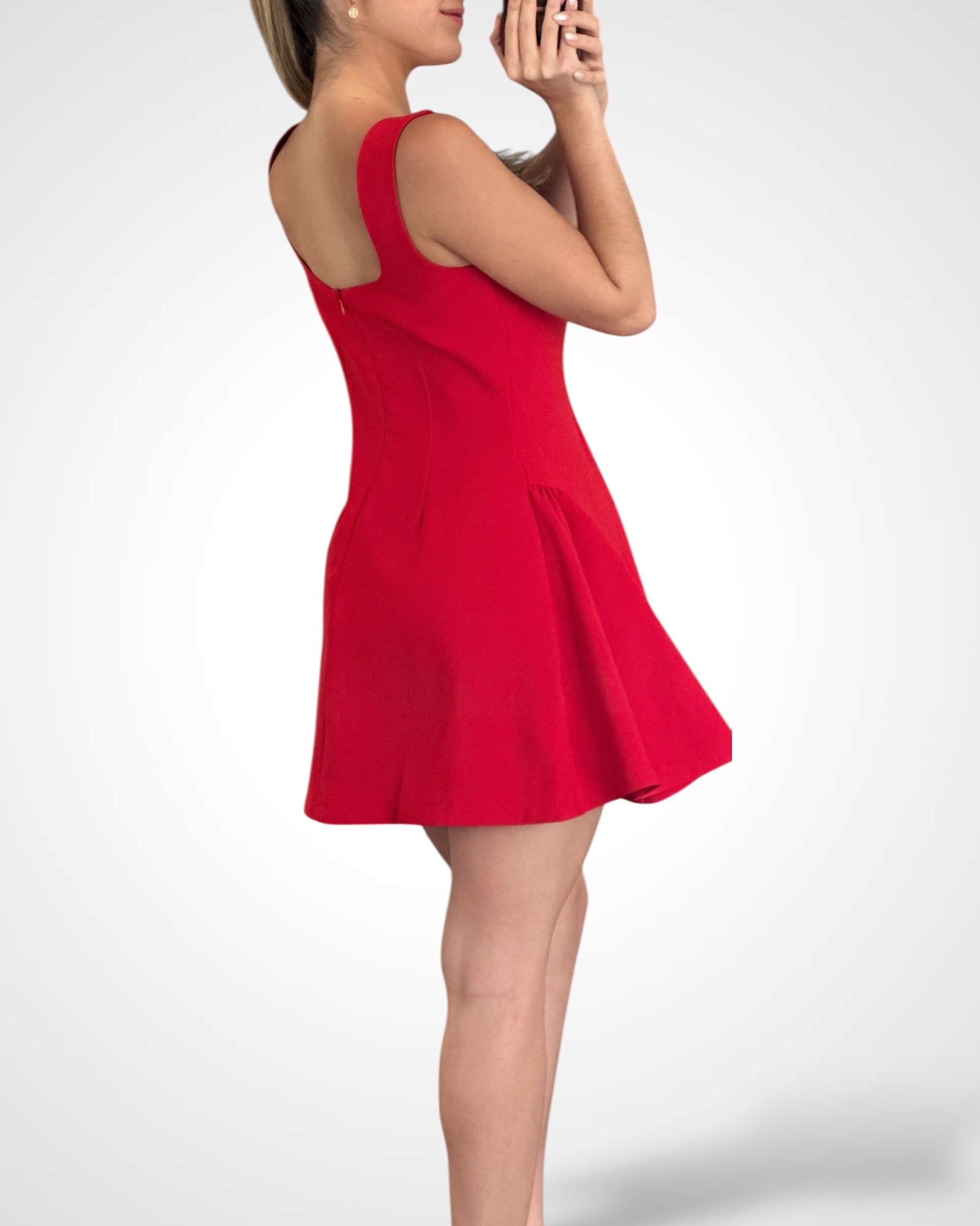 SJQ-Red Square Neck Flare Mini Dress